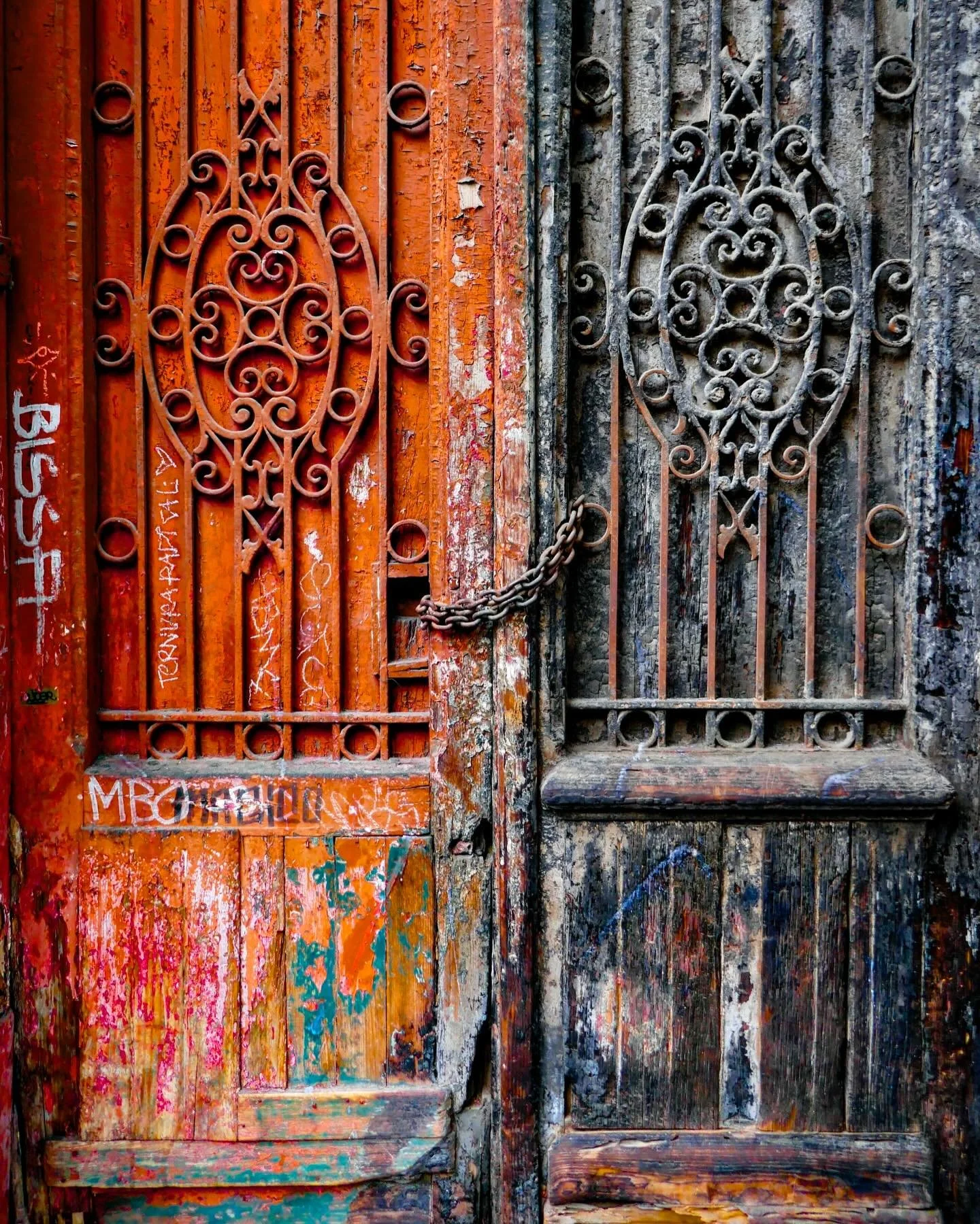 &ldquo;Paint it Black&rdquo; &copy; 2025 Skip Hunt

A pair of ornate, weathered doors are secured together with a metal chain. The left door is a rusty red color, while the right door features a mix of grays and blacks, with intricate designs on both