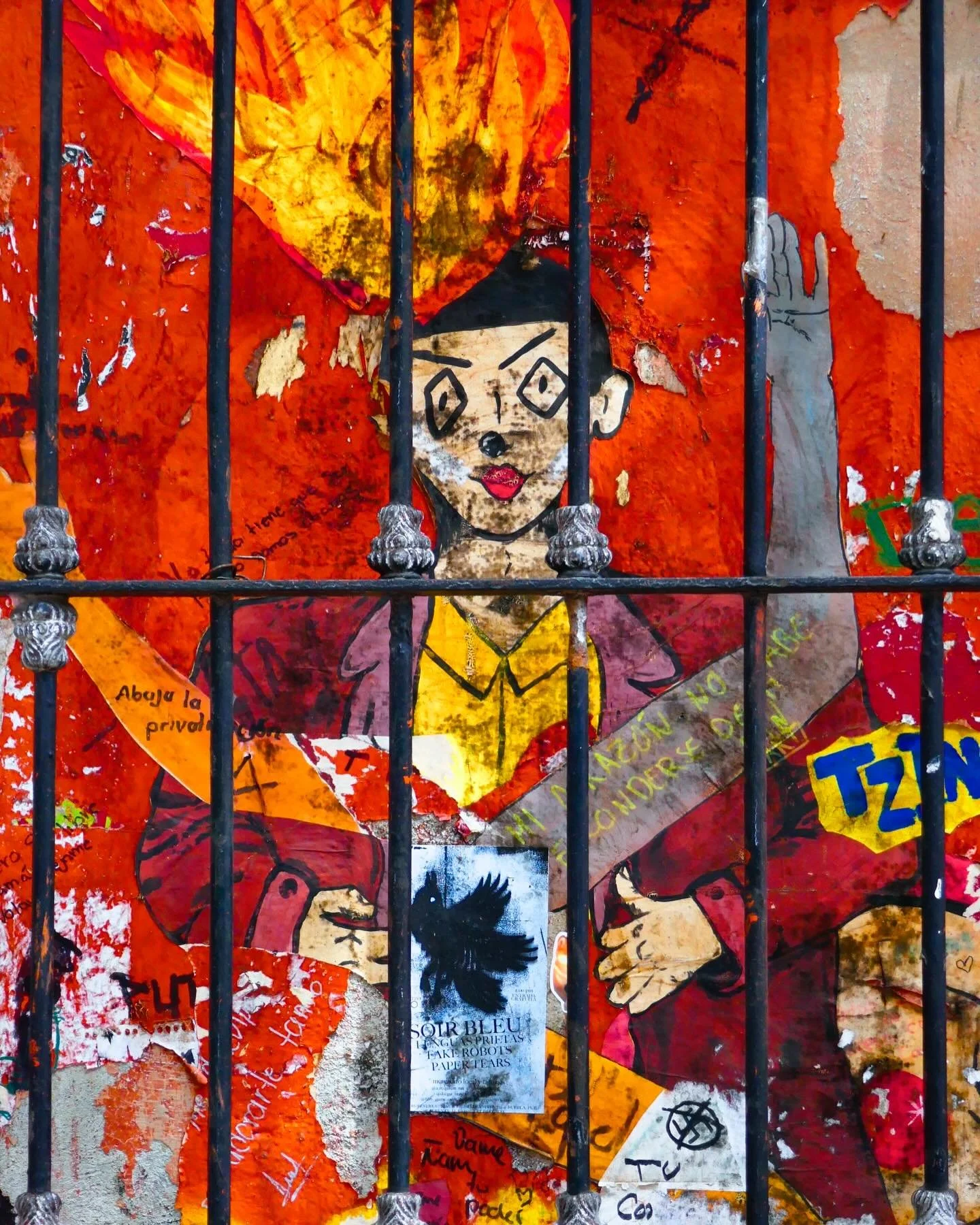 &ldquo;Charlatan&rdquo; &copy; 2025 Skip Hunt

A vibrant mural, featuring an abstract depiction of a person with dynamic fiery elements in the background, is partially obscured by metal bars. The composition includes various messages and symbols laye