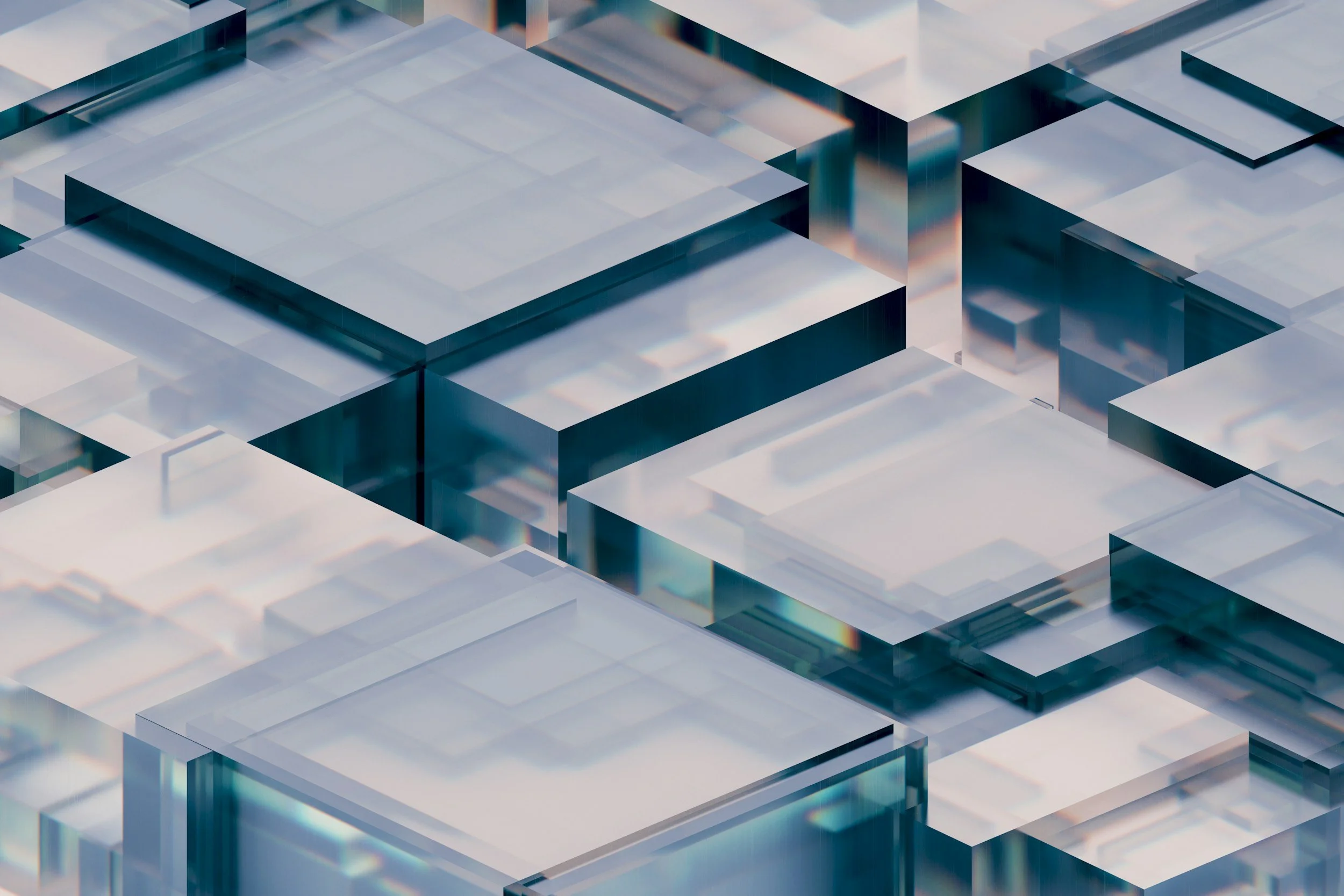 Abstract image of overlapping glass-like cubes with a futuristic geometric pattern.