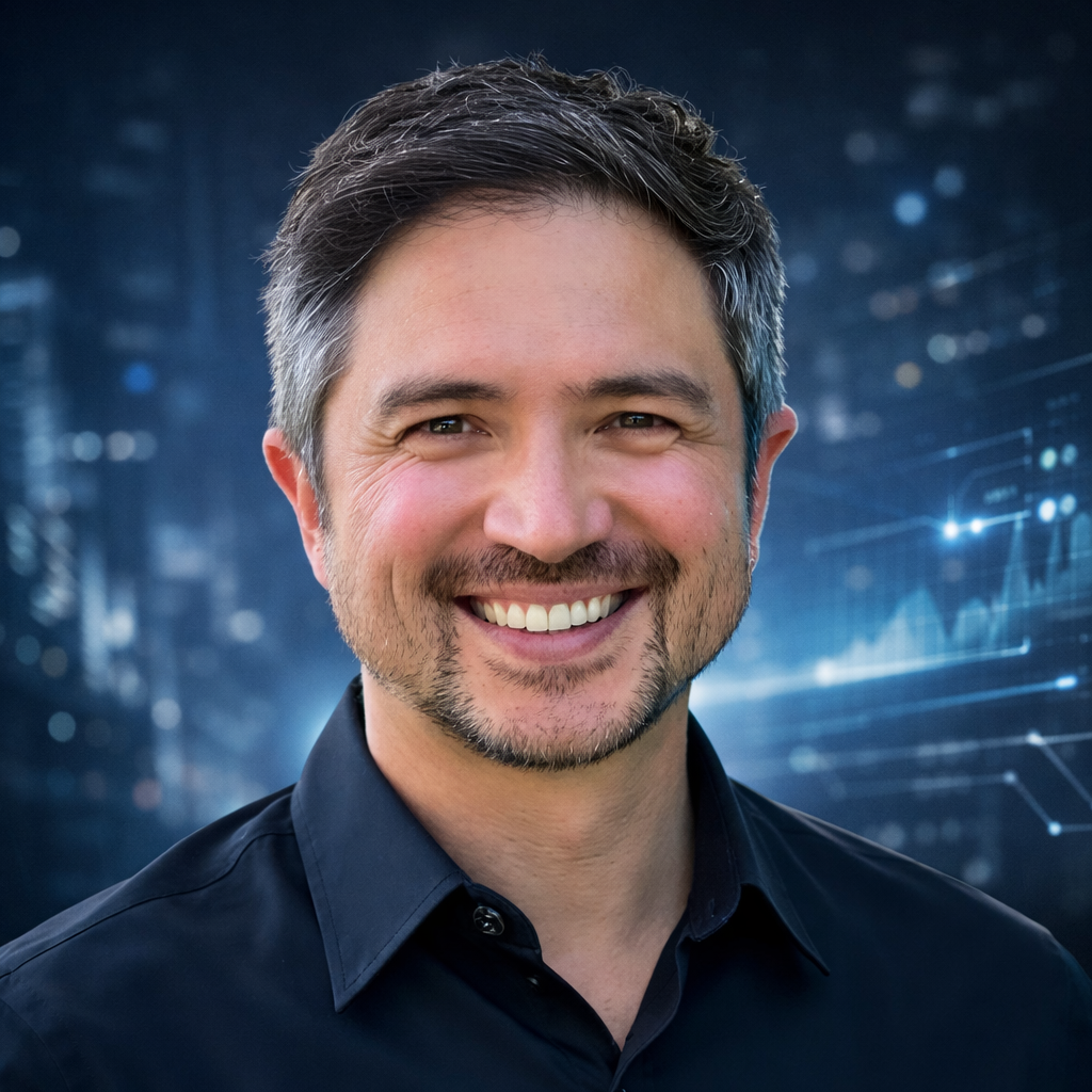 Julien Féasson - Smiling, wearing a dark shirt, in front of a digital background with blue lights and data visualizations.