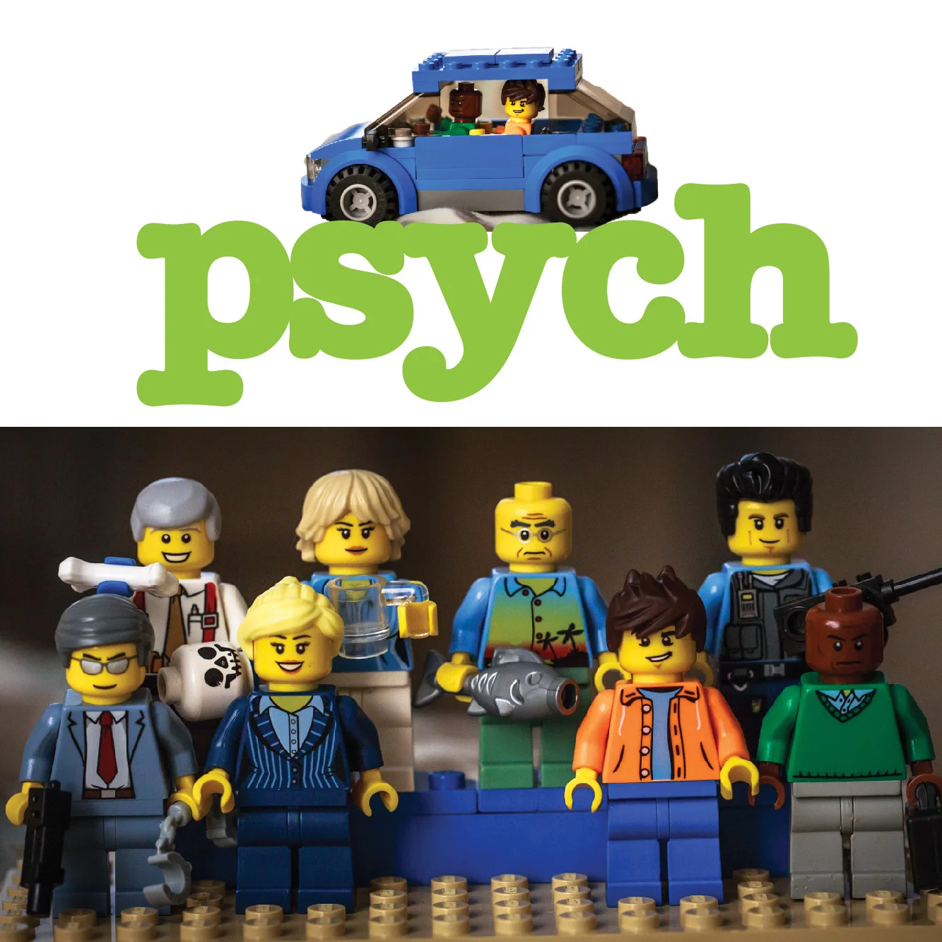 Psych Lego cast: (top left to right) Woody, Chief Karen Vick, Henry, Buzz; (front left to right) Lassie, Juliet, Shawn, Gus T.T. Showbiz - the extra "T" is for extra talent.