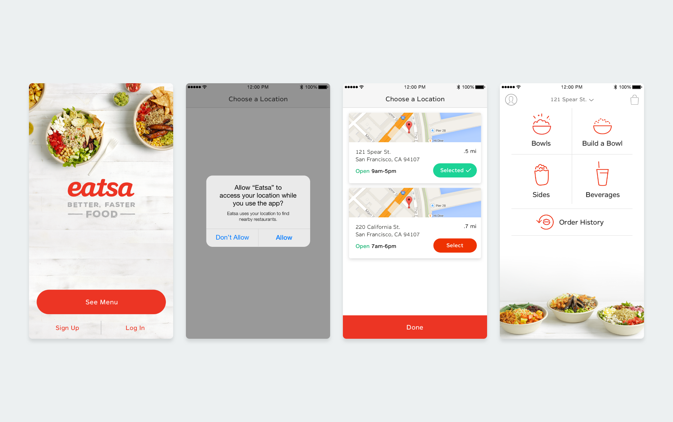 We wanted customers to get into the app super fast, so they were presented with the menu quickly. 1. We started off testing a landing view (#1) where the main call to action was to see the menu. Although this was headed in the right direction, we challenged ourselves to make this transition even easier.