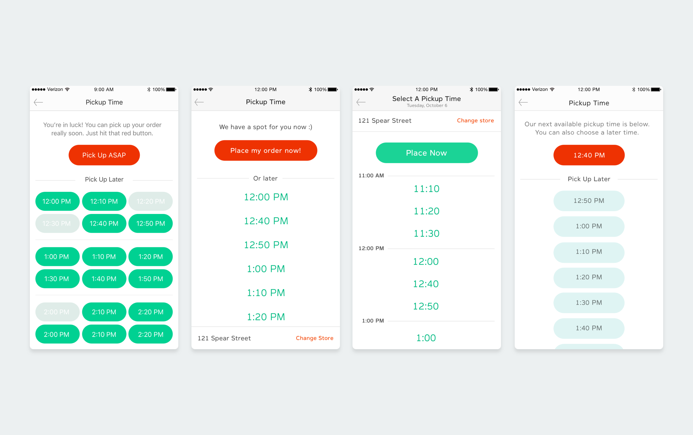 Next we tried out single times. 1. Users felt this was much clearer. They also had a default buffer of 2-5 minutes. 2. Because the concept was simplified, we tested a wacky design (#1). It turned out to be too noisy and felt very disorganized. 3. The amount of information displayed in the view still needed to be reduced.