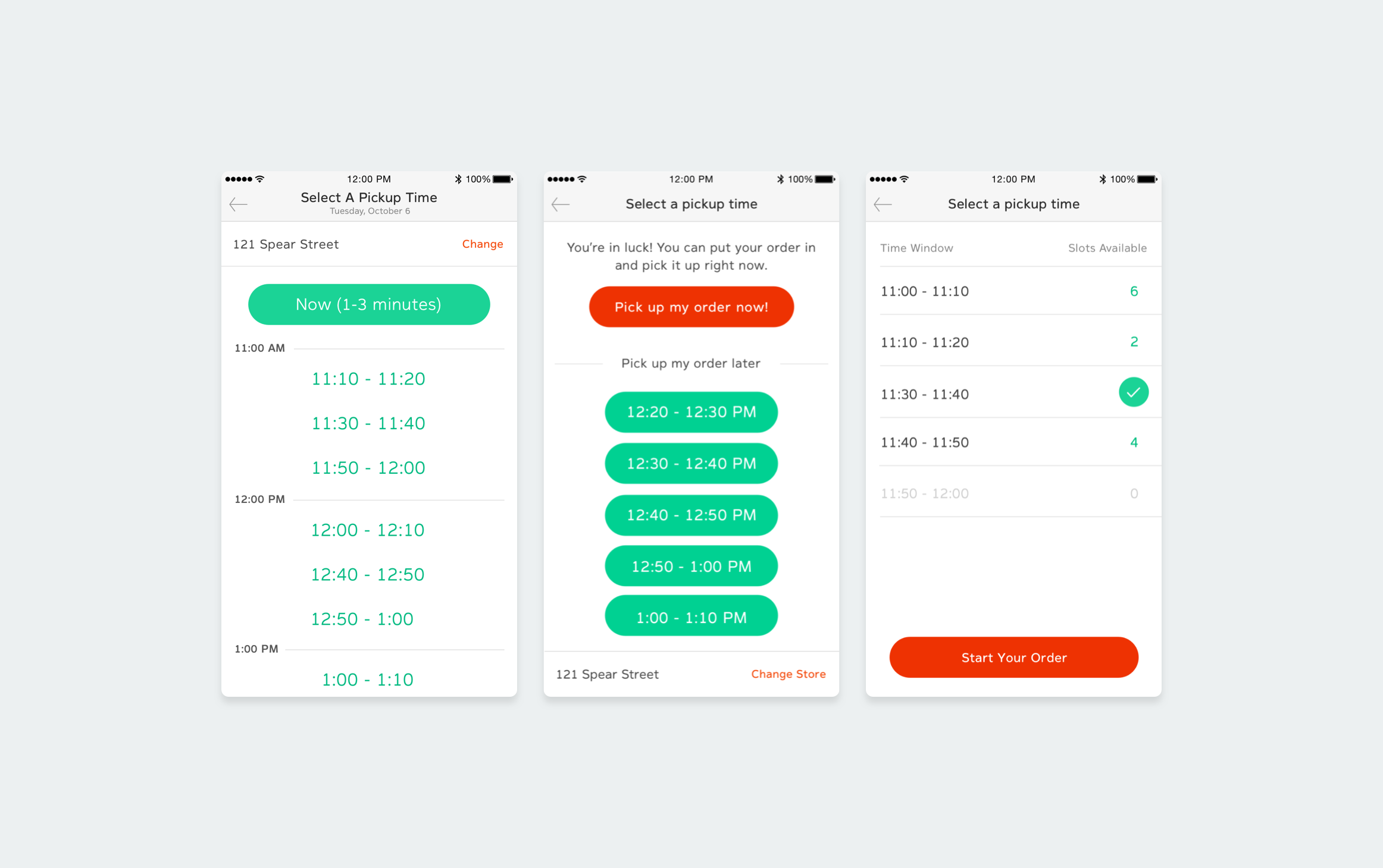 When it came to ordering times, we tried testing out time ranges first. This was easier for the operations and engineering teams to implement due to their constraints. 1. Users lacked confidence in the accuracy of the range (#1-3). They were more sensative to the concept because they were picking up the order themselves rather than it being delivered. 2. Time slots introduced cognitive load, and didn't add any additional value. 3. There was still a disconnect between placing an order now vs. later.