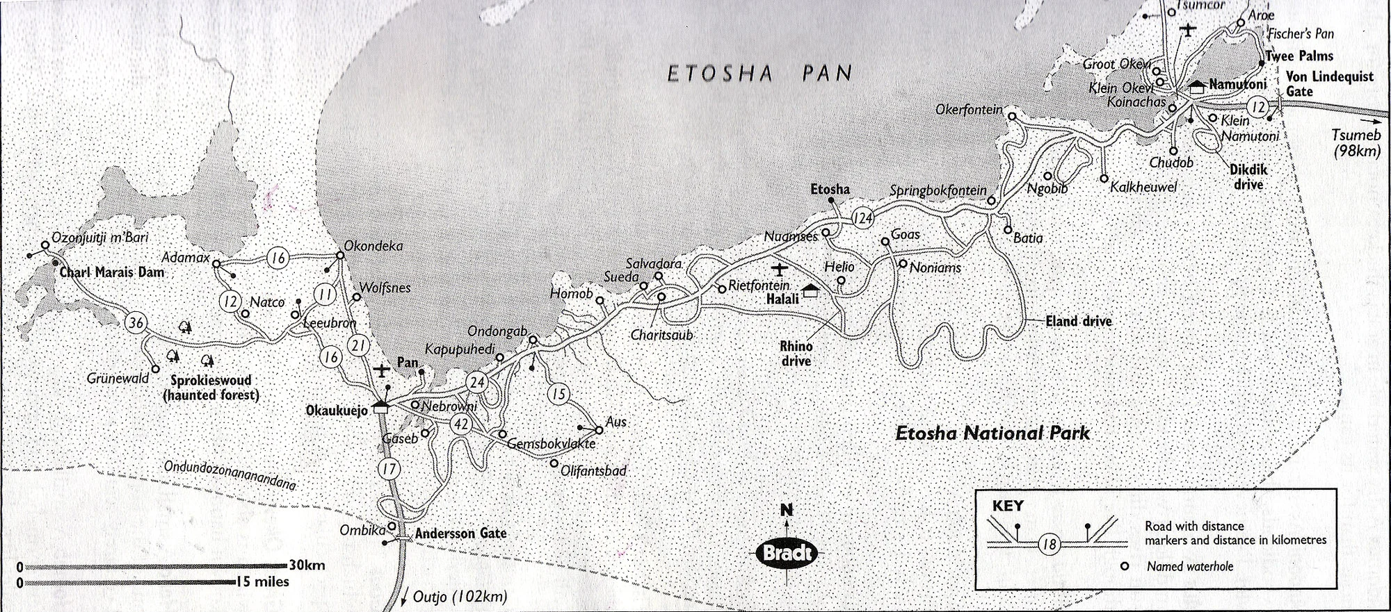 Map of Etosha National Park showing our intended route