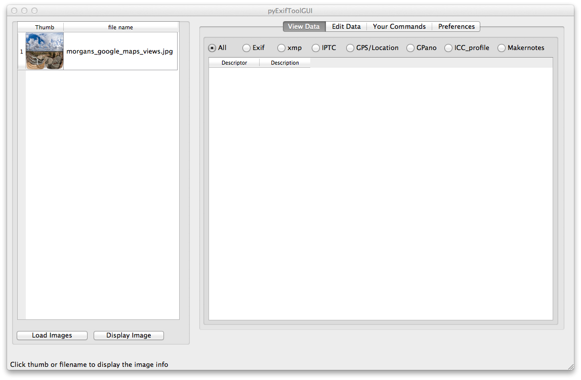 Equirectangular image loaded into pyExifToolGUI window