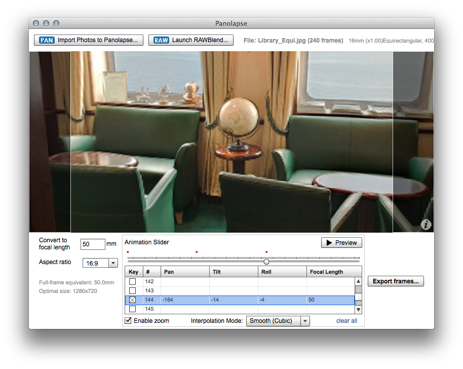 Set the pan, tilt, roll and focal length for frame #72