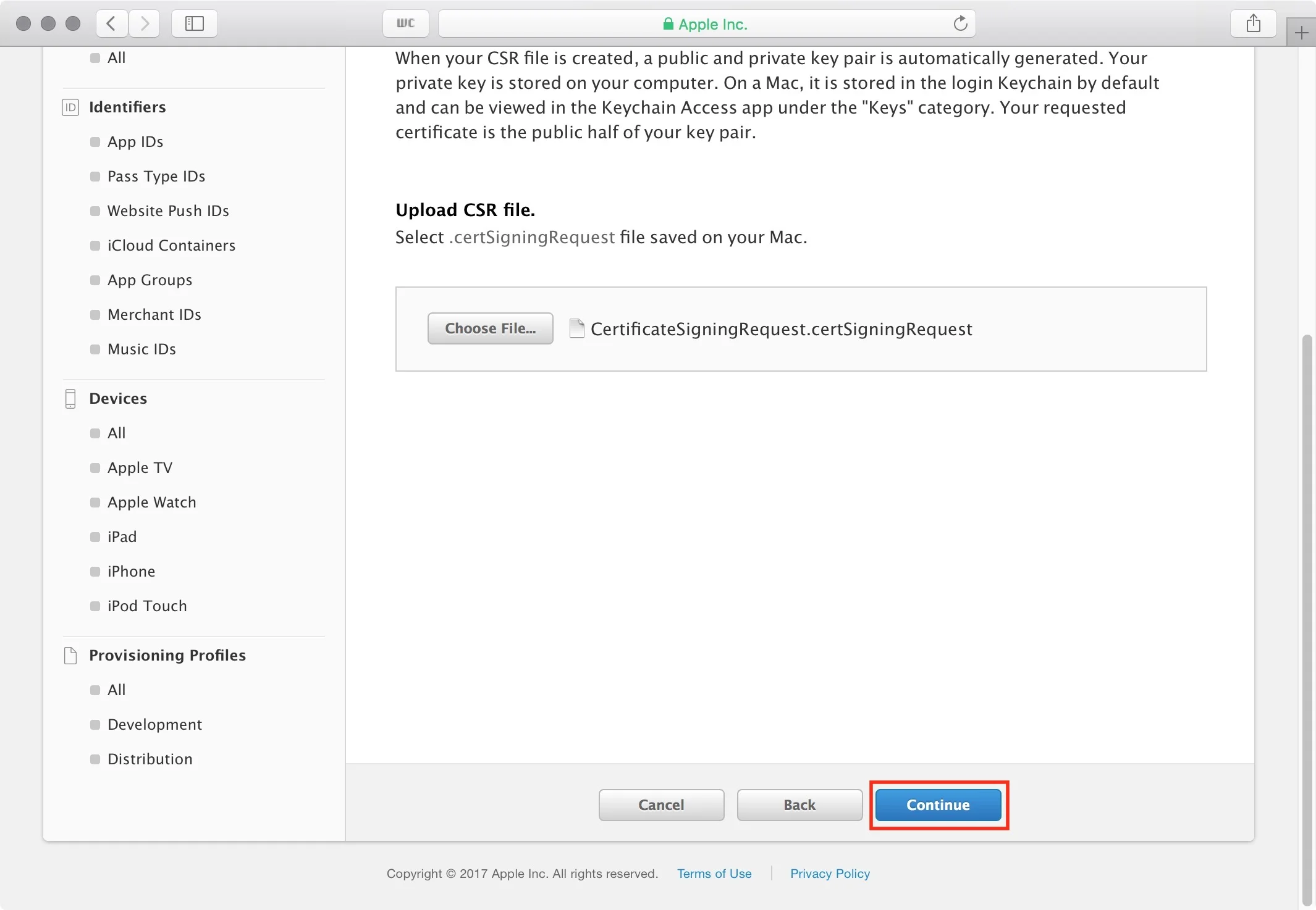 figure #18: Select Continue to upload the file