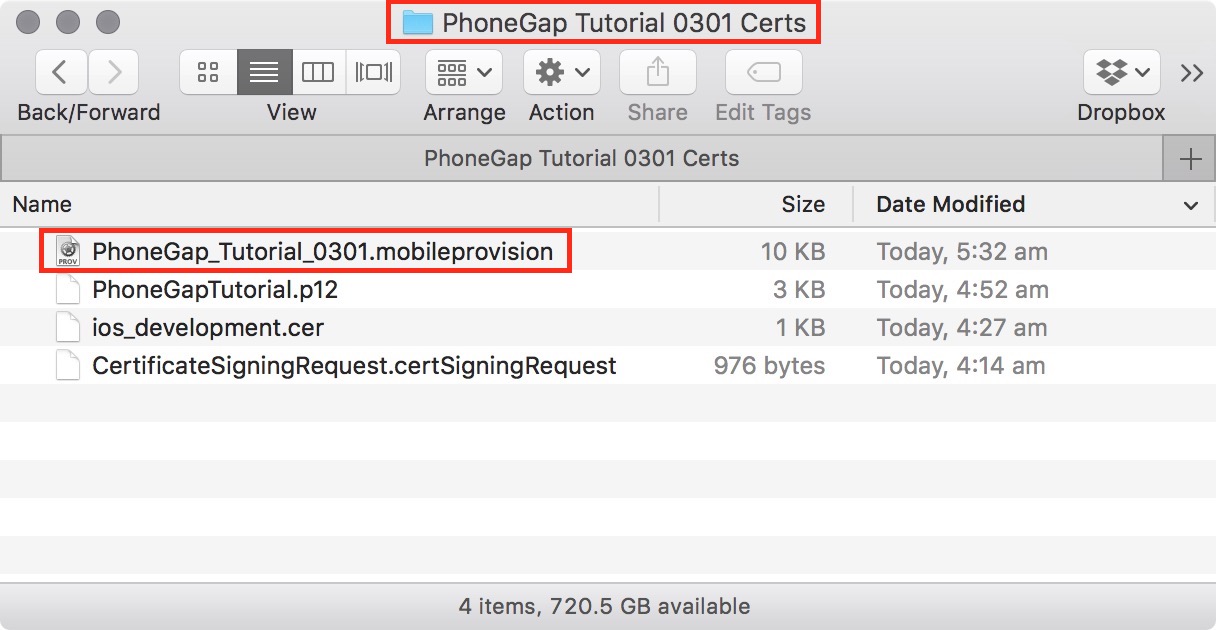 figure #55: Provisioning profile saved with our other Assets
