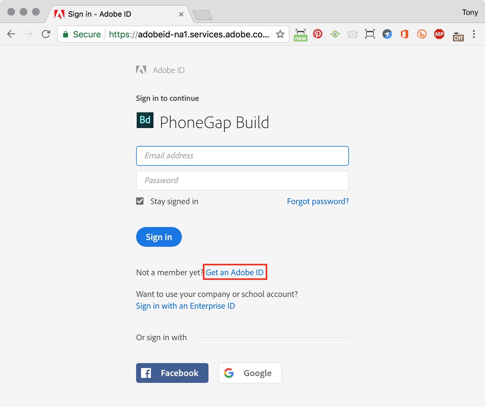 figure #3: PhoneGap Build Sign In