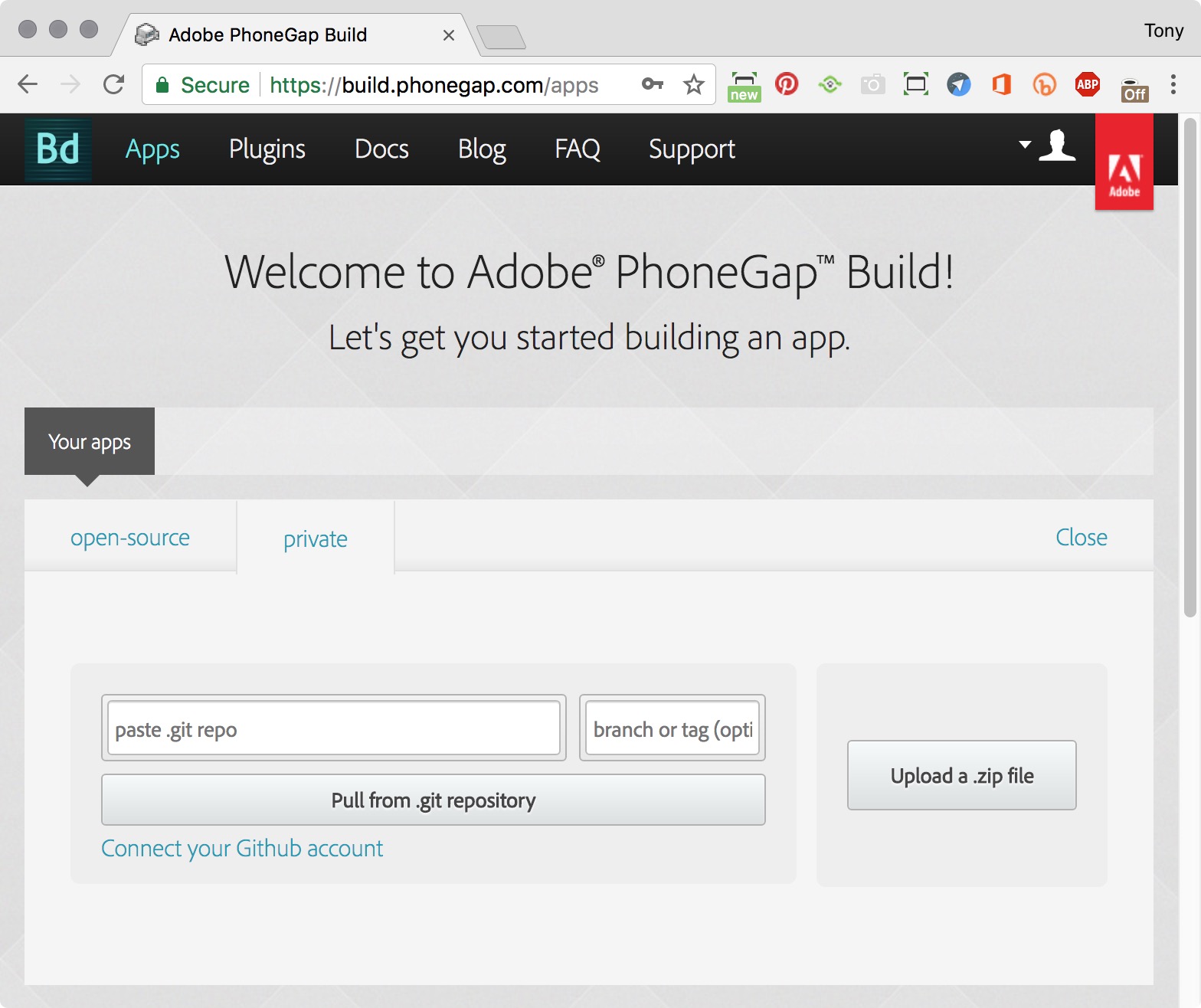 figure #10: Welcome to Adobe PhoneGap Build page