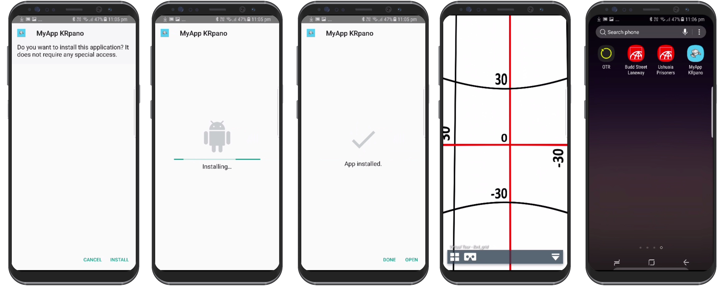 figure #21: Left to right (top) - Scan, Open URL, saved to Firefox, download in Firefox, apk in My Files/Internal storage/ Download Left to right (bottom) - Instal, Installing, App installed - Open, App opened in S8, MyApp Krpano icon on the desktop