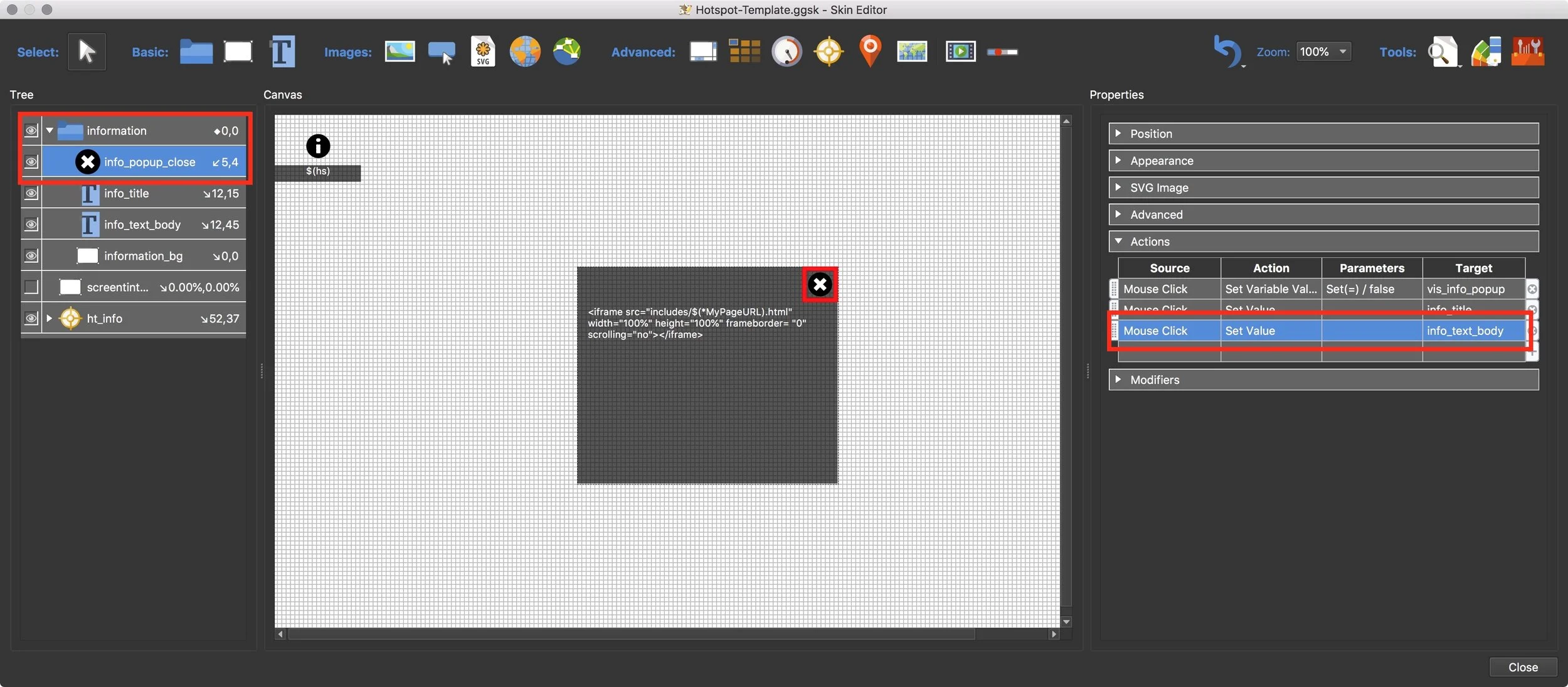 Figure #21: Mouse Click action for the Close button