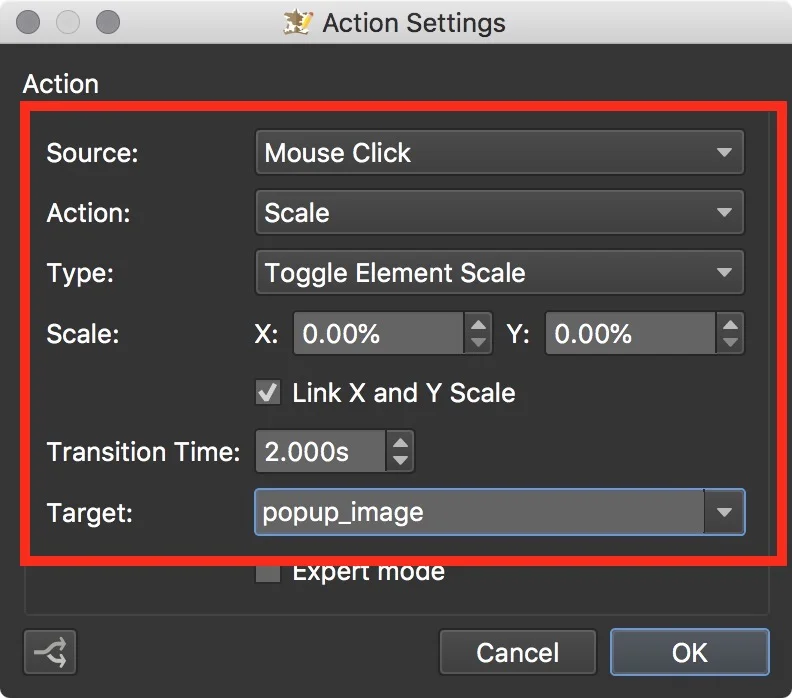 Figure #11: New action settings