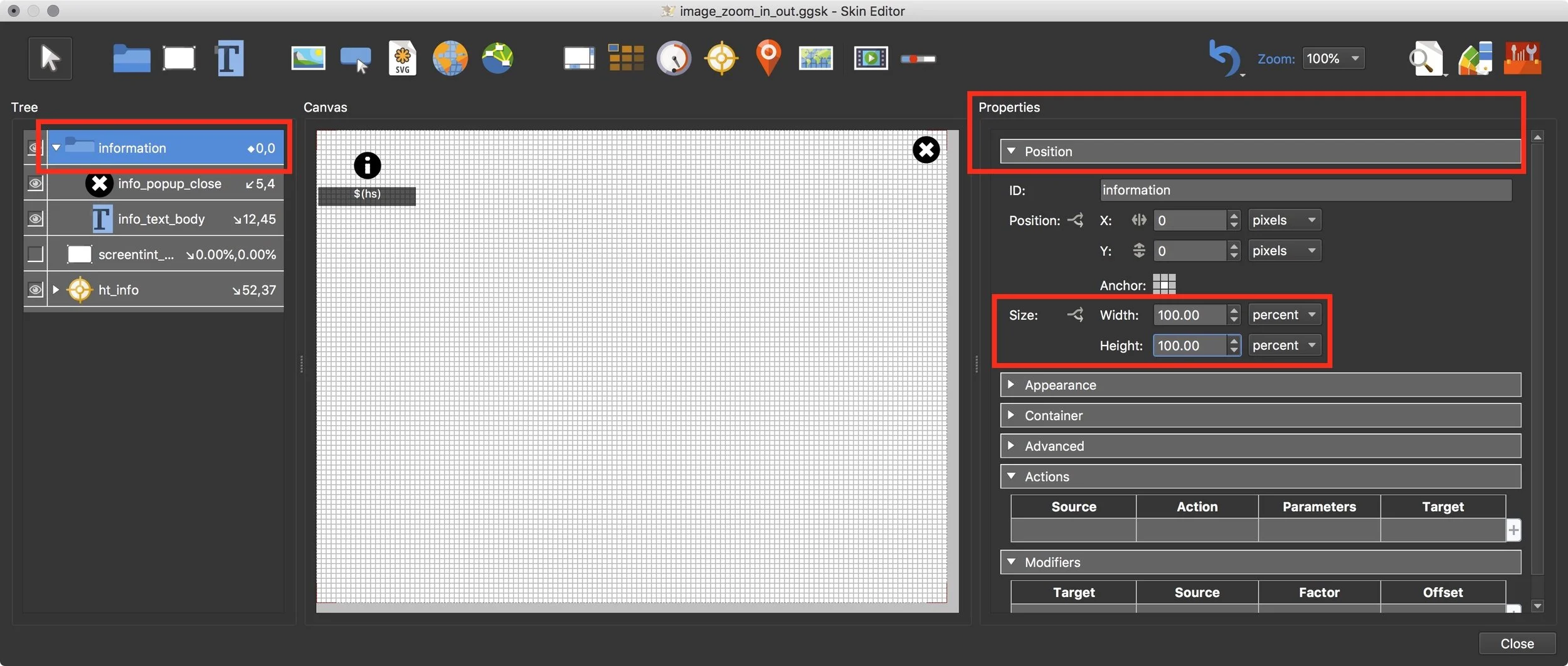 Figure #19: information container Position settings