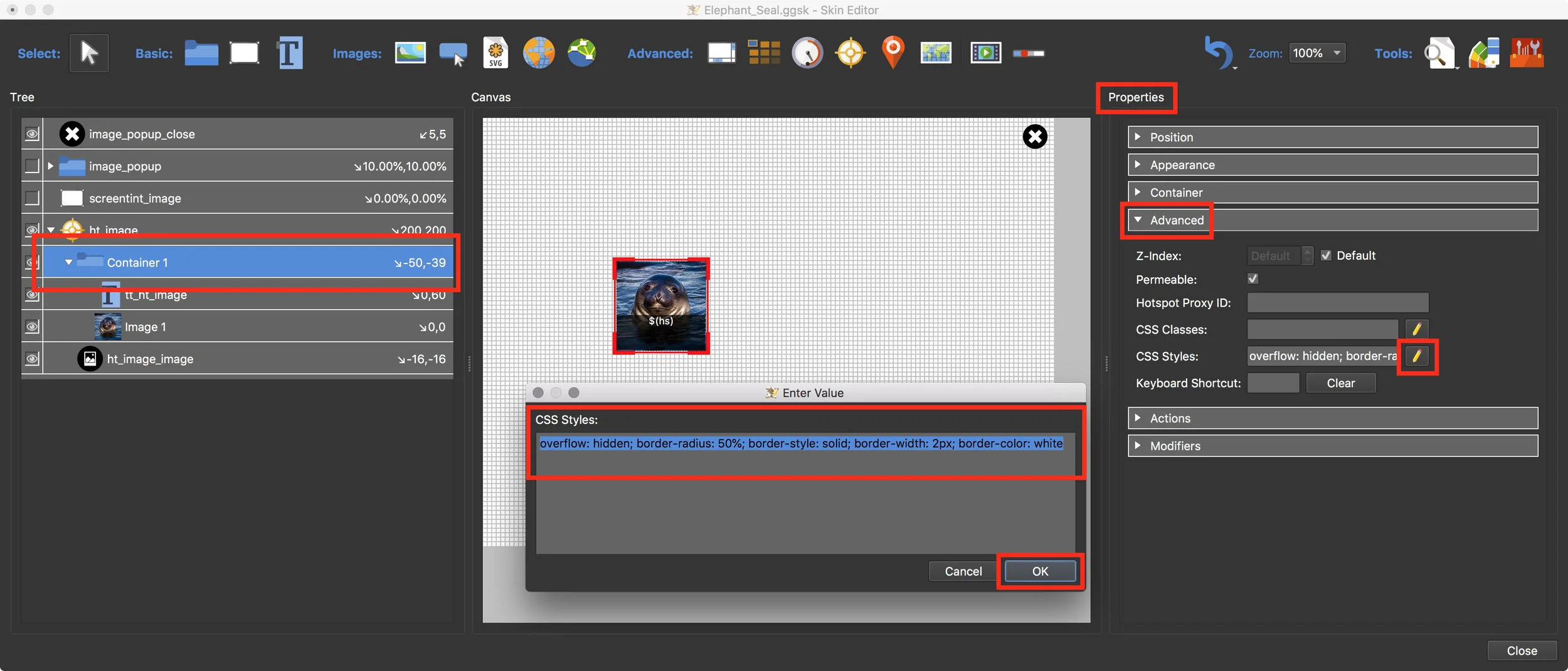 Figure #17: Adding in the styling code to the Container 1 element