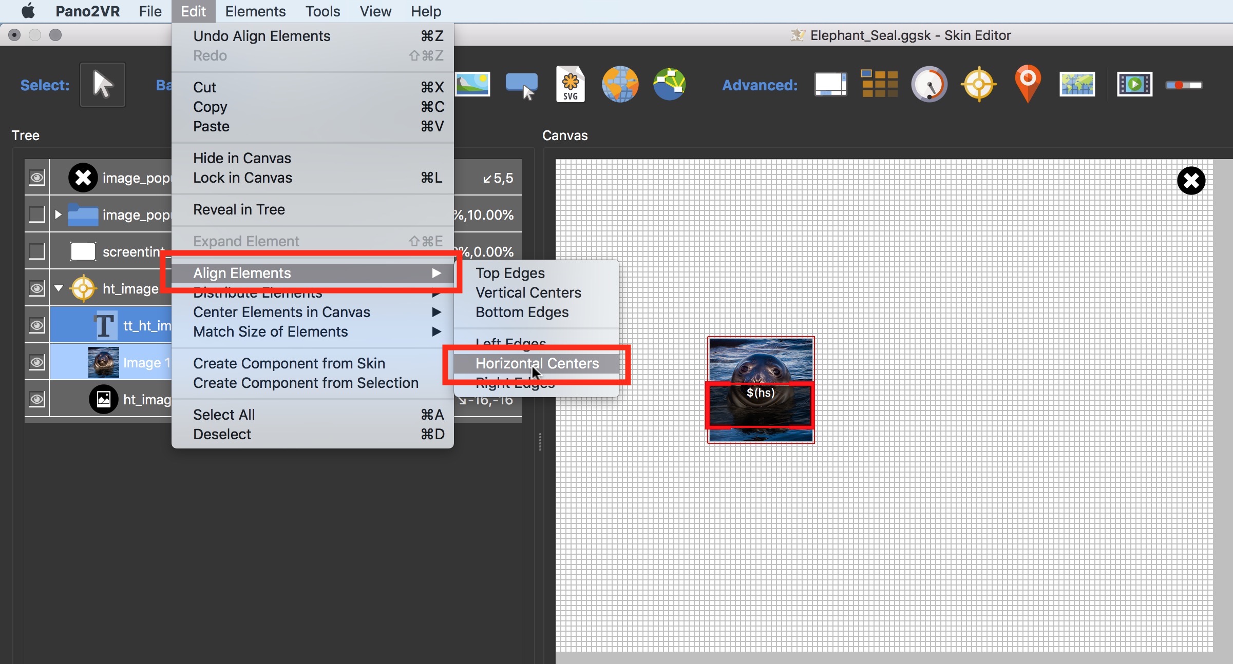 Figure #13: Aligning Horizontal centers of both elements places the thumbnail over the hotspot