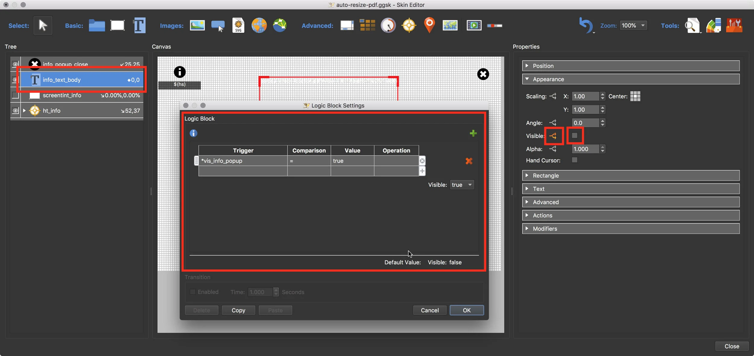 Figure #16: properties set for the ‘info_text_body’ element visible settings to show/hide pdf
