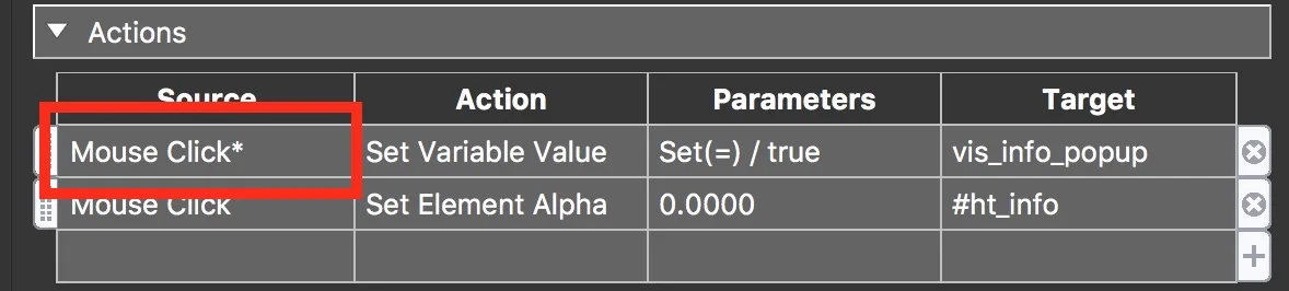 Figure #30: Action Filter applied to Mouse Click | Set Variable Value action