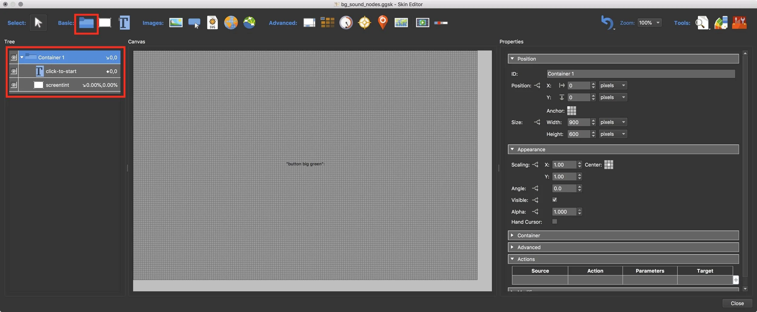 Figure #22: Container 1 with child elements ‘click-to-start’ and ‘screentint’