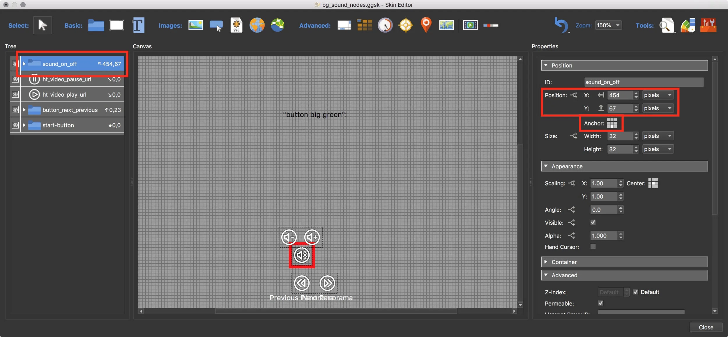 Figure #19: Set the position for the ‘sound_on_off’ container