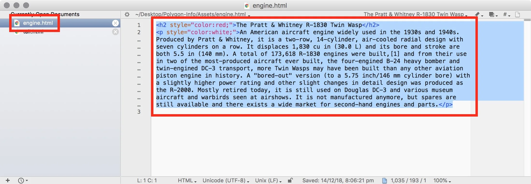 Figure #4: engine.html opened in Text Wrangler