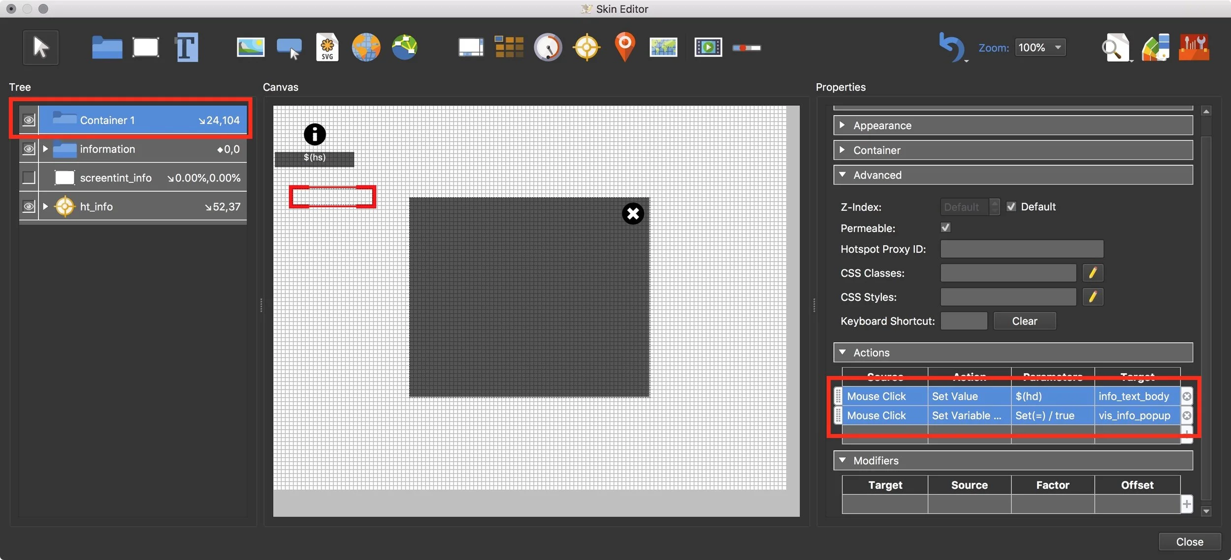 Figure #14: paste actions into the Container1 Actions