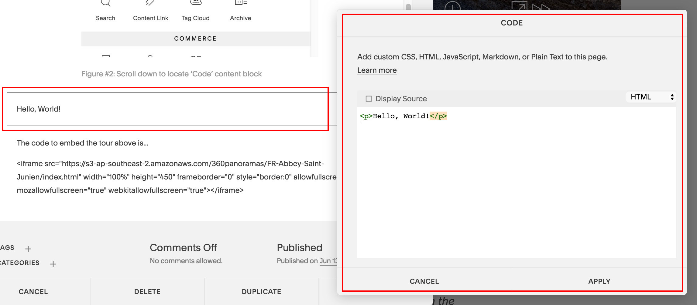 Figure #3: Code block and Code window