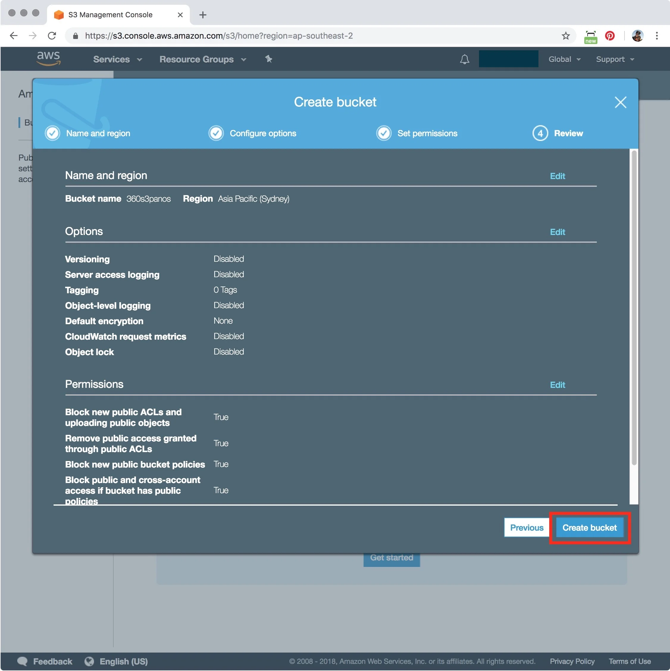 Figure #13: Create bucket Review page