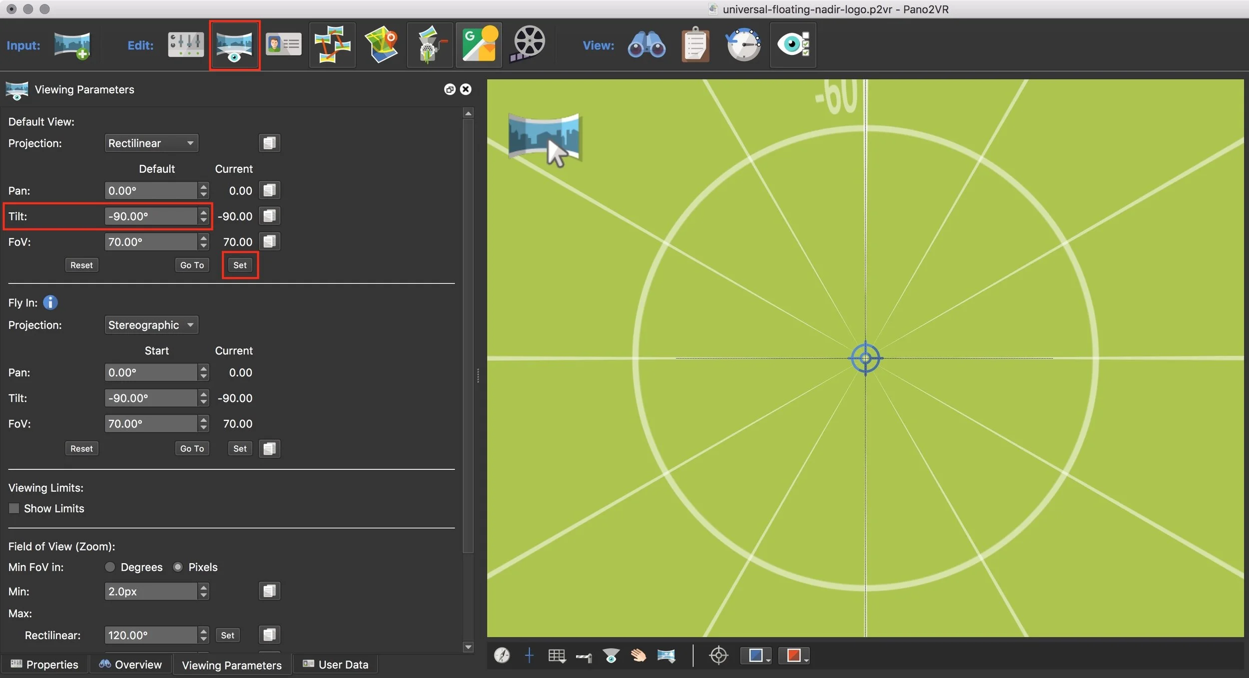 Figure #4: Set the Default View tilt parameter to -90˚