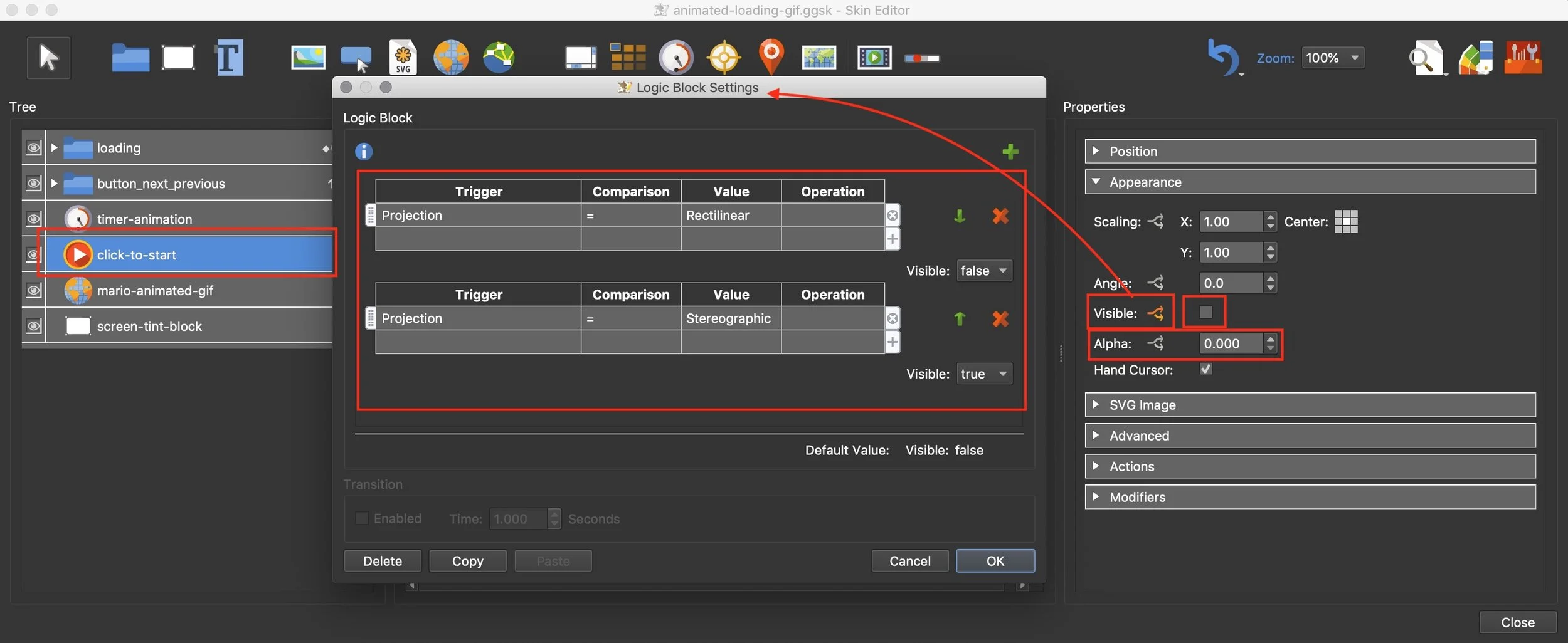 Figure #12: Logic block to hide the click-to-start button