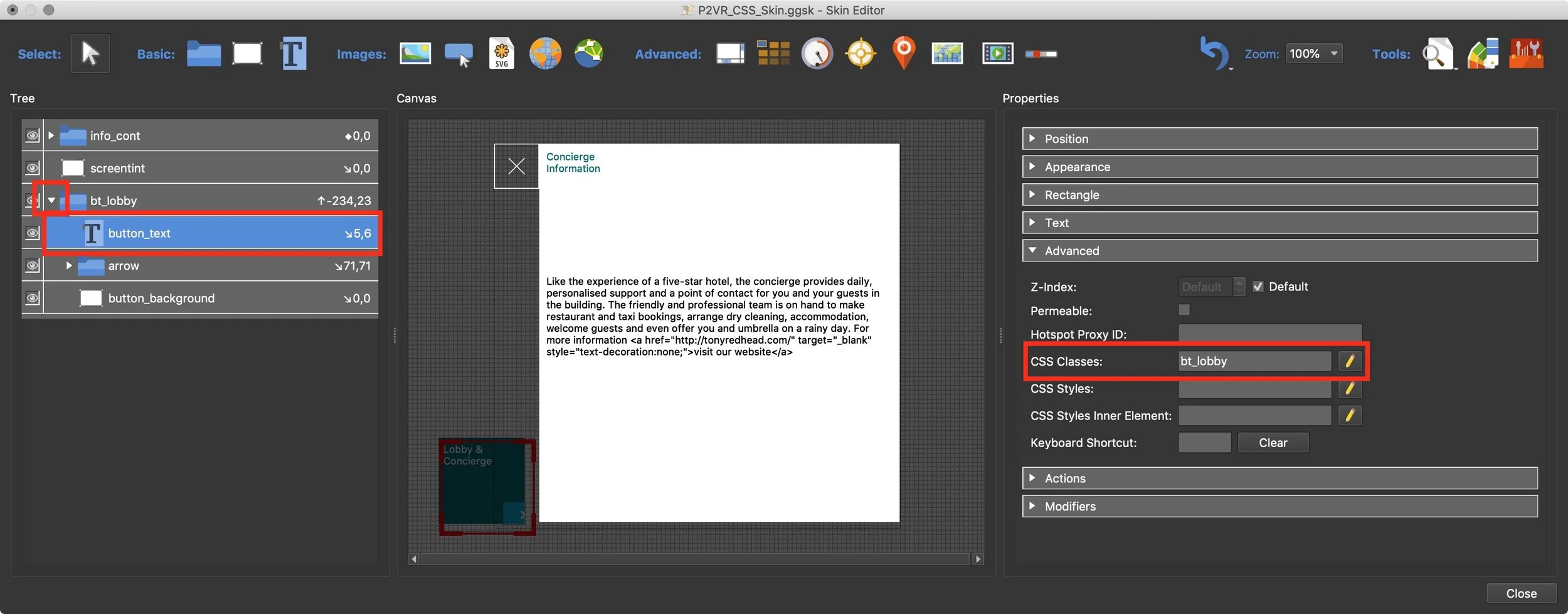 Figure #8: bt_lobby CSS Class assigned to button_text element
