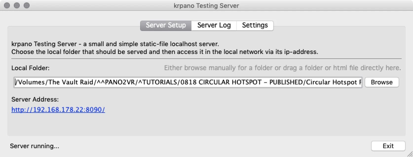 krpano Testing server showing the Server Setup panel