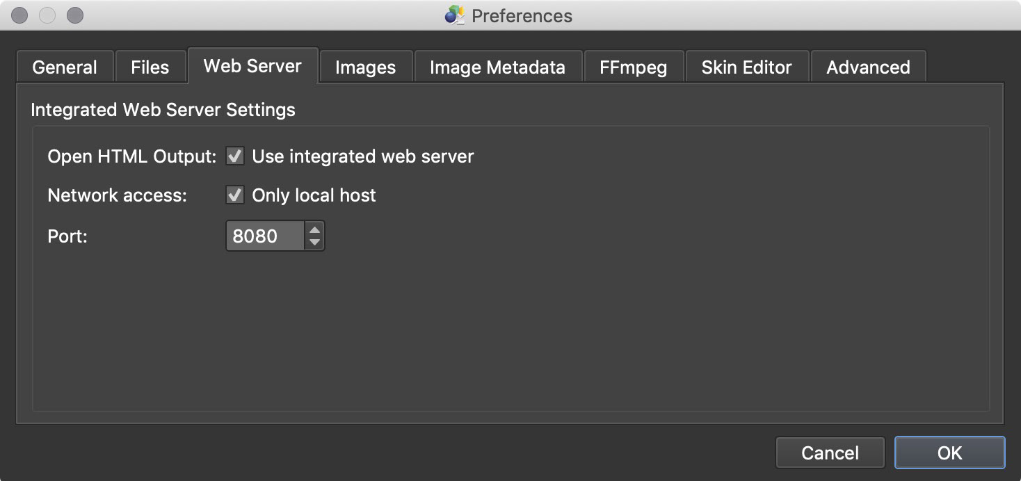 Pano2VR Integrated web server server settings in the Preferences window