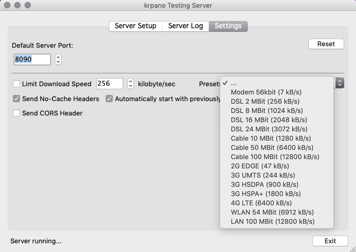 krpano Testing server showing the Settings panel