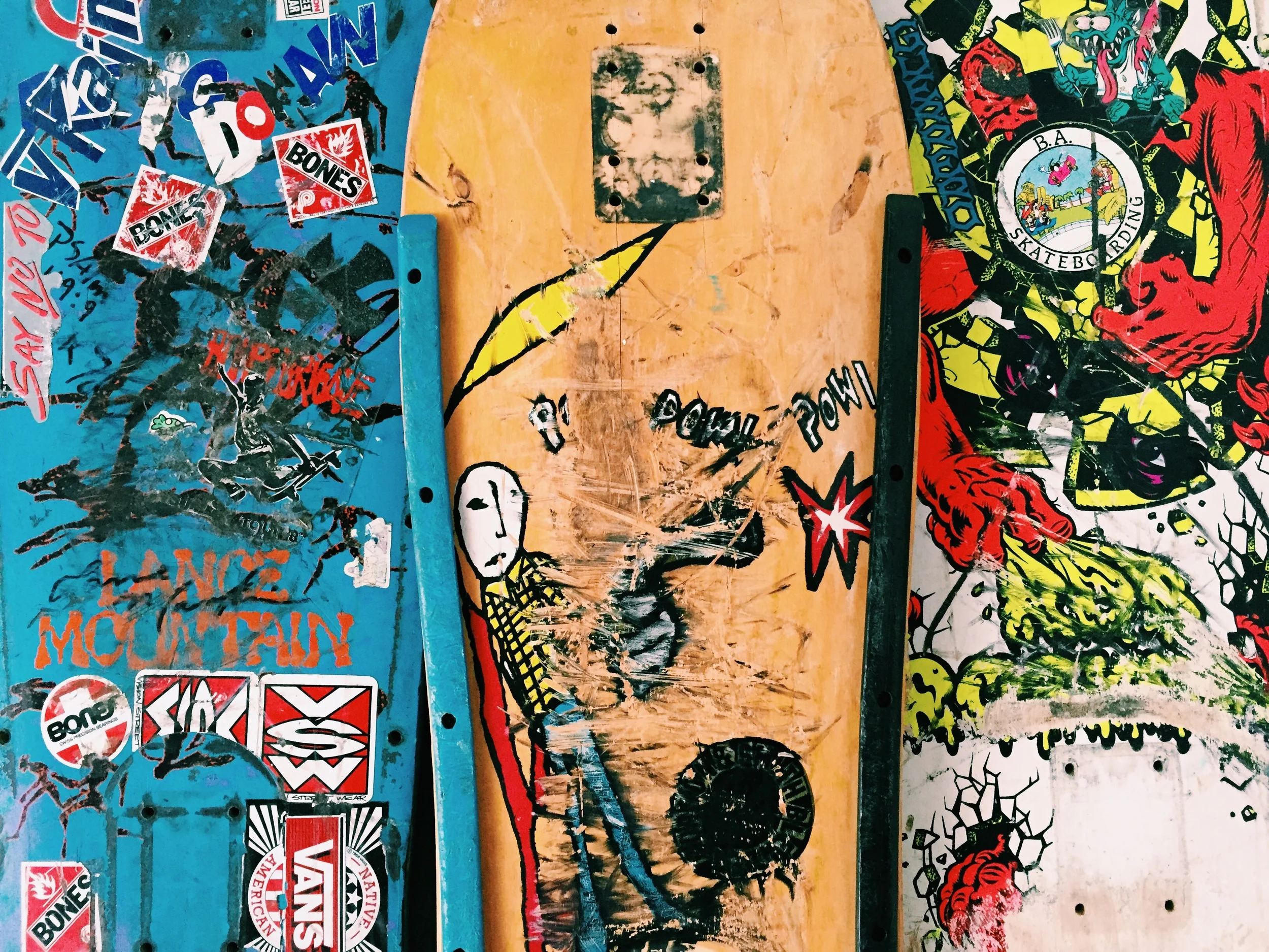 Detail of 3 of my own skateboards from the 80's and 90's.