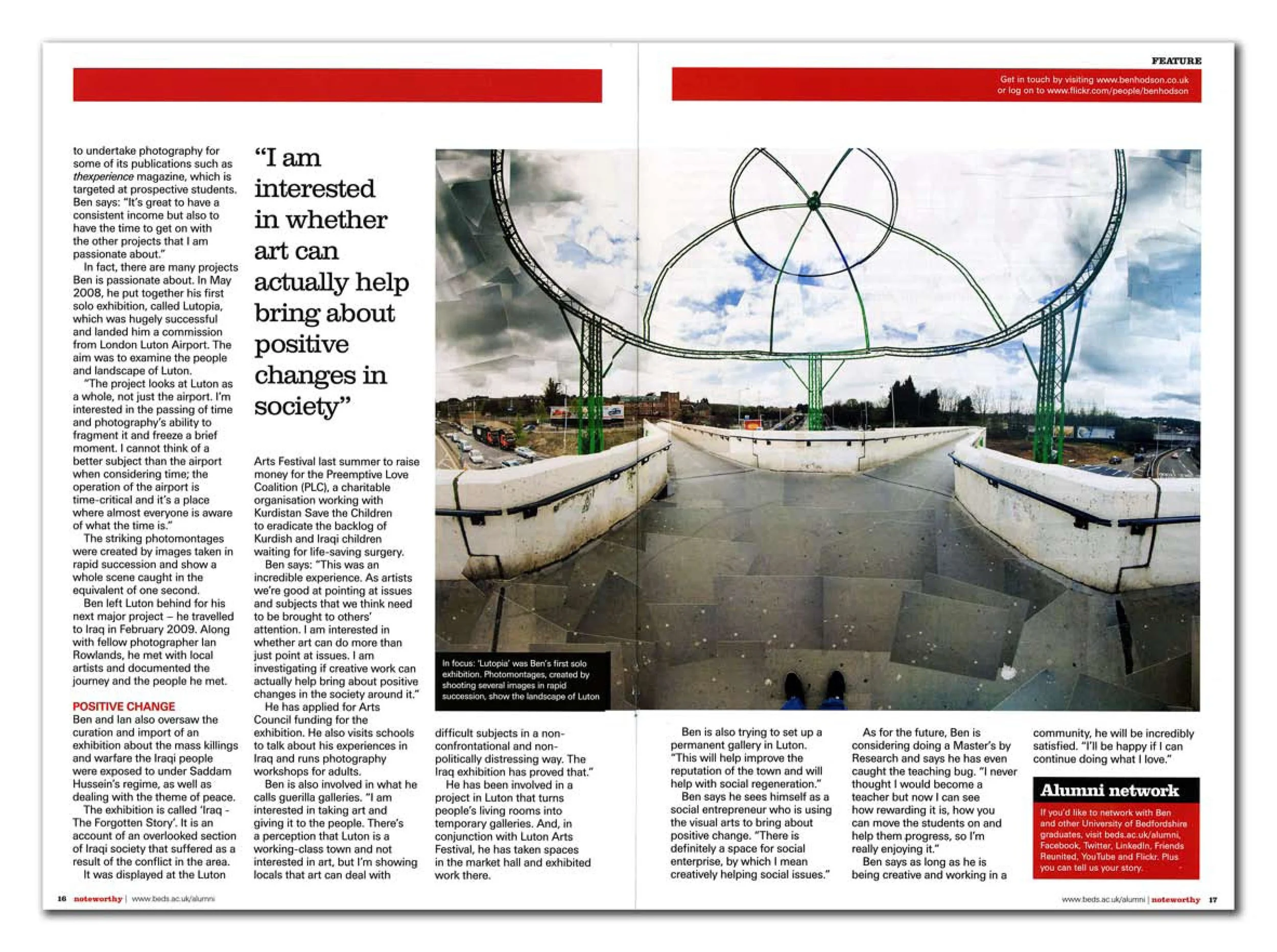 Photograph of Lutopia, an art installation with a glass roof and green supporting structures, taken during the daytime on a cloudy day from a low angle, showing the sky, roads, and surrounding area.