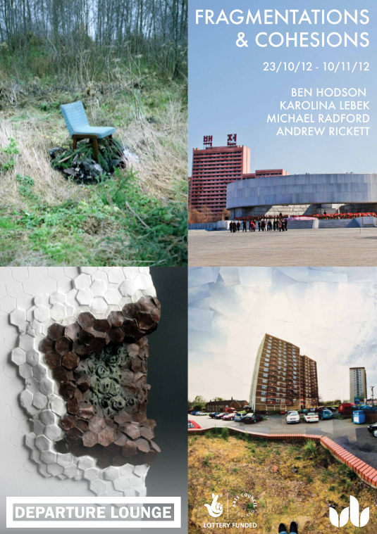 A collage featuring four images: the top left with a blue chair on a grassy hillside; the top right with a modern building and a group of people in front of it, along with event details; the bottom left showing a close-up of textured honeycomb and ru