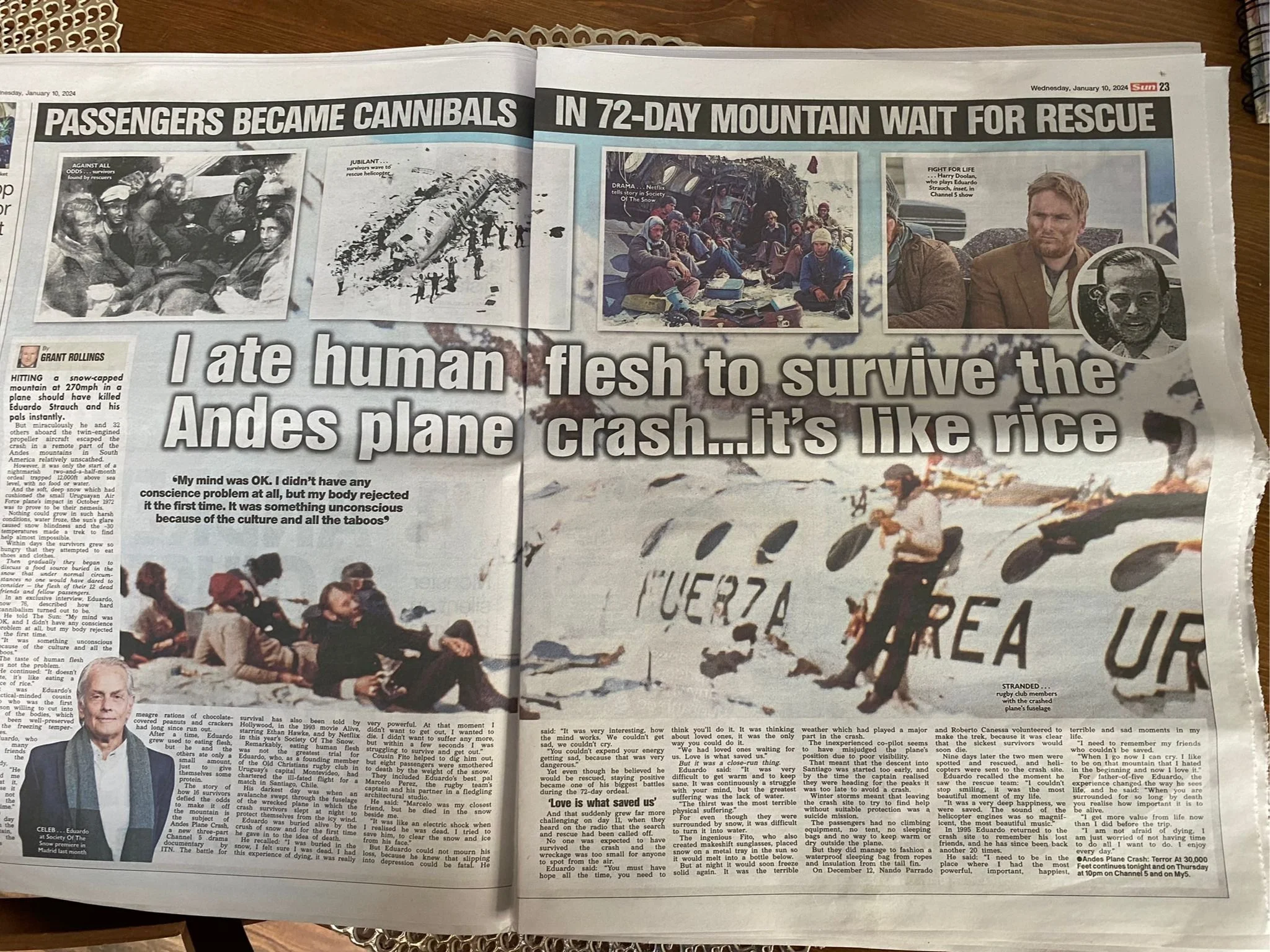 Newspaper article about a plane crash in the Andes with photos of survivors, rescue efforts, and people on the mountain, including some arguing and wounded individuals.