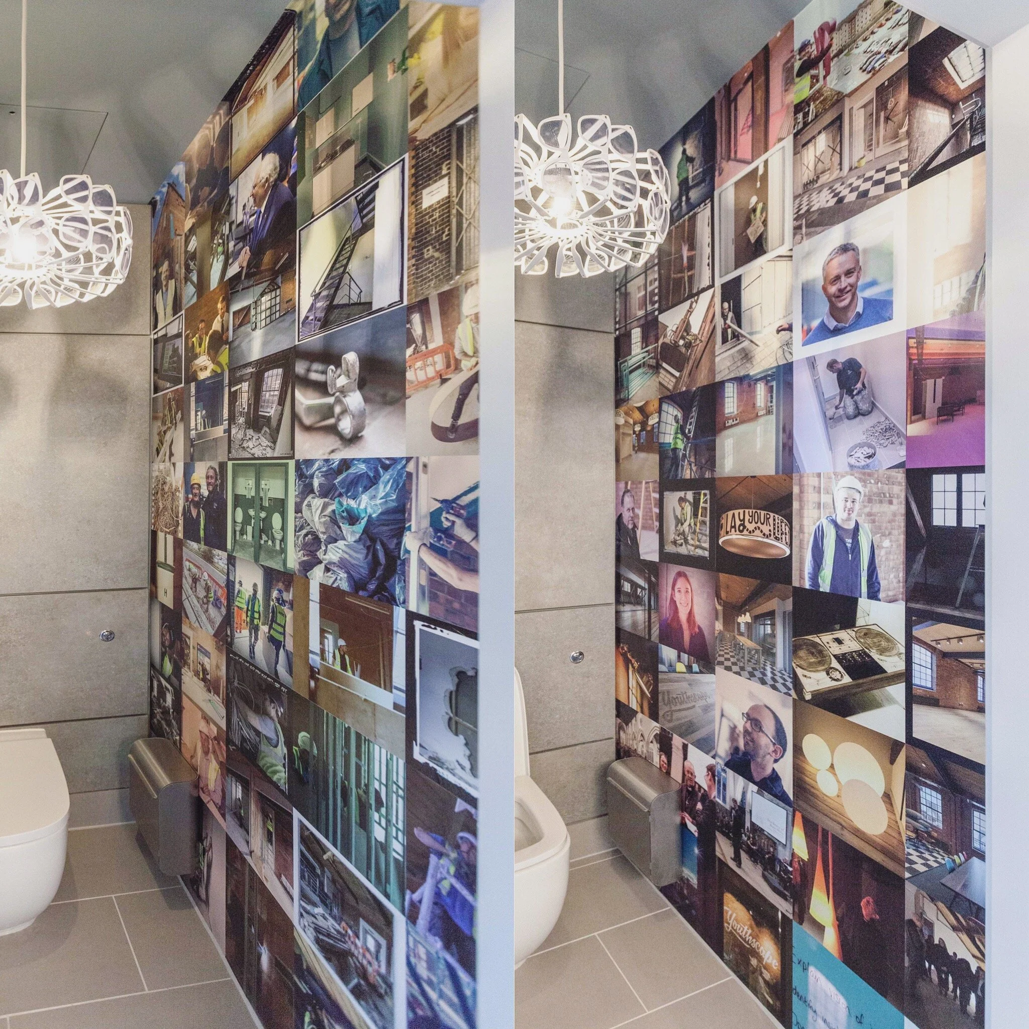 Wall with a collage of photos in a bathroom with a toilet and a modern light fixture.