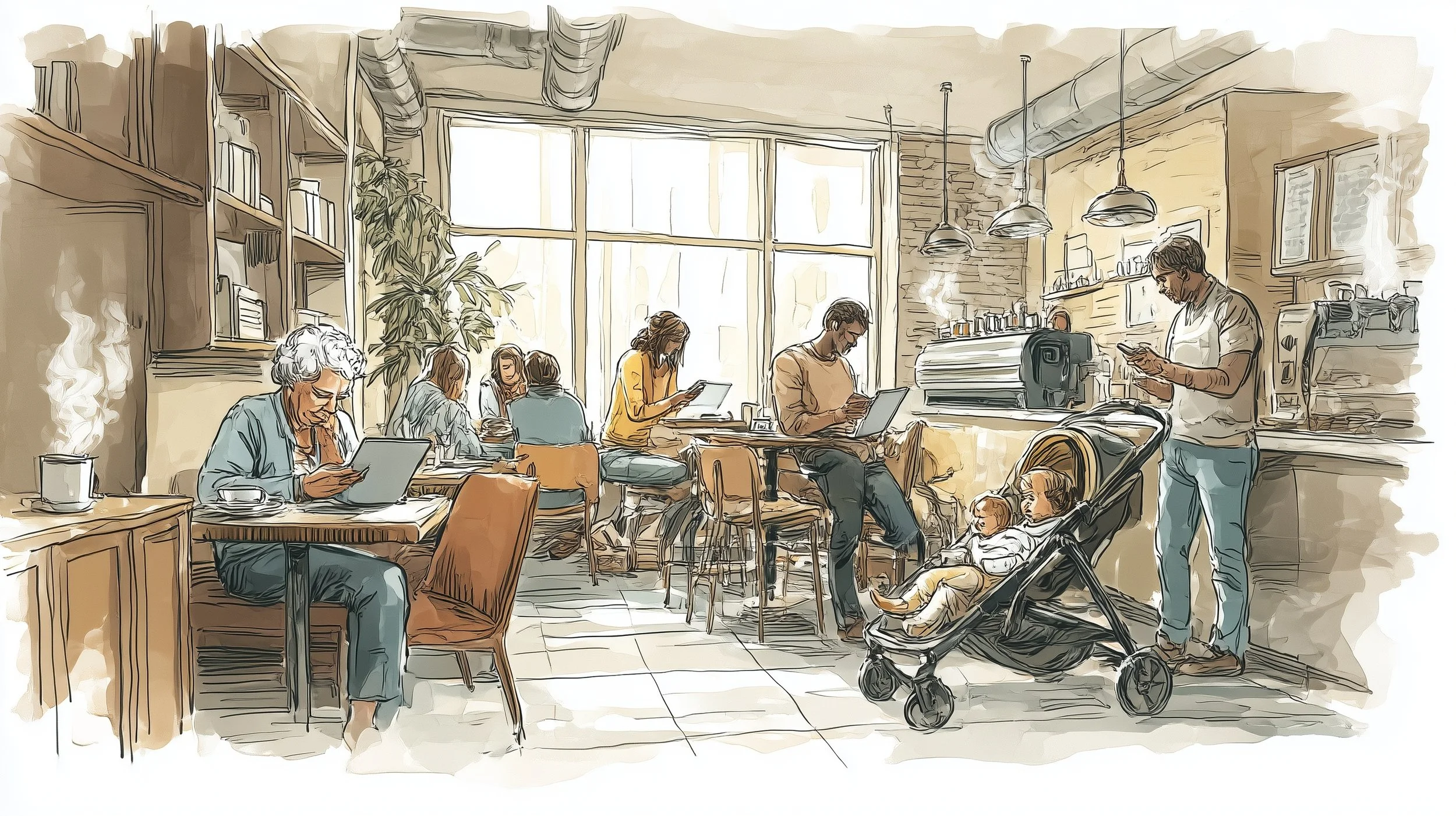 Watercolor-style scene of people using digital tablets and smartphones in a busy coffee shop.