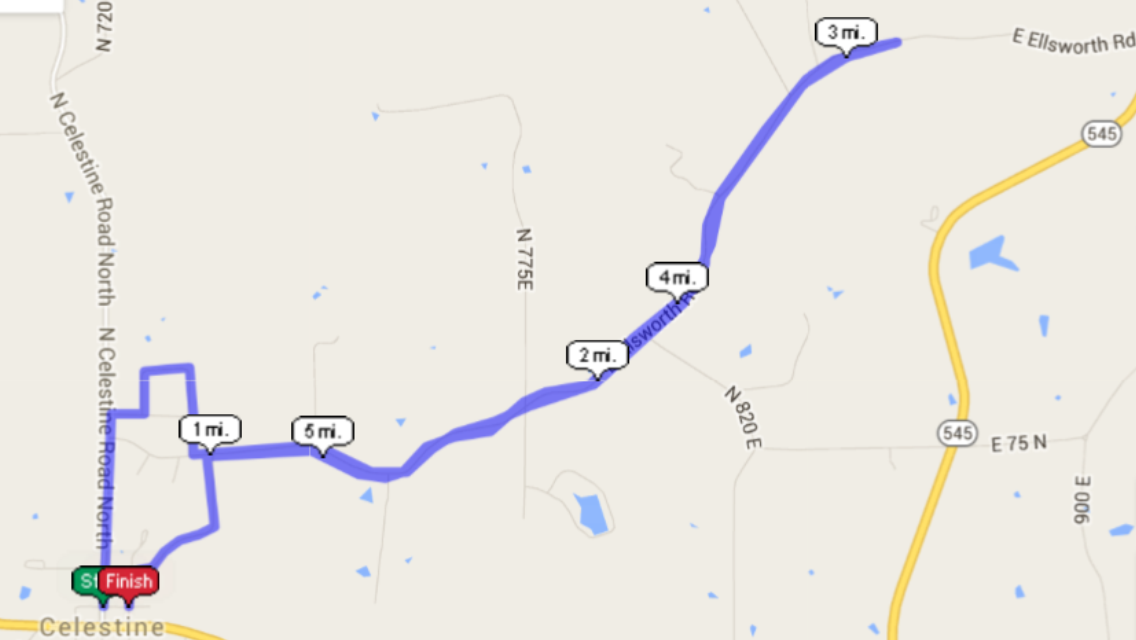 10K route starting from Happy hour and IN HWY 164 intersection
