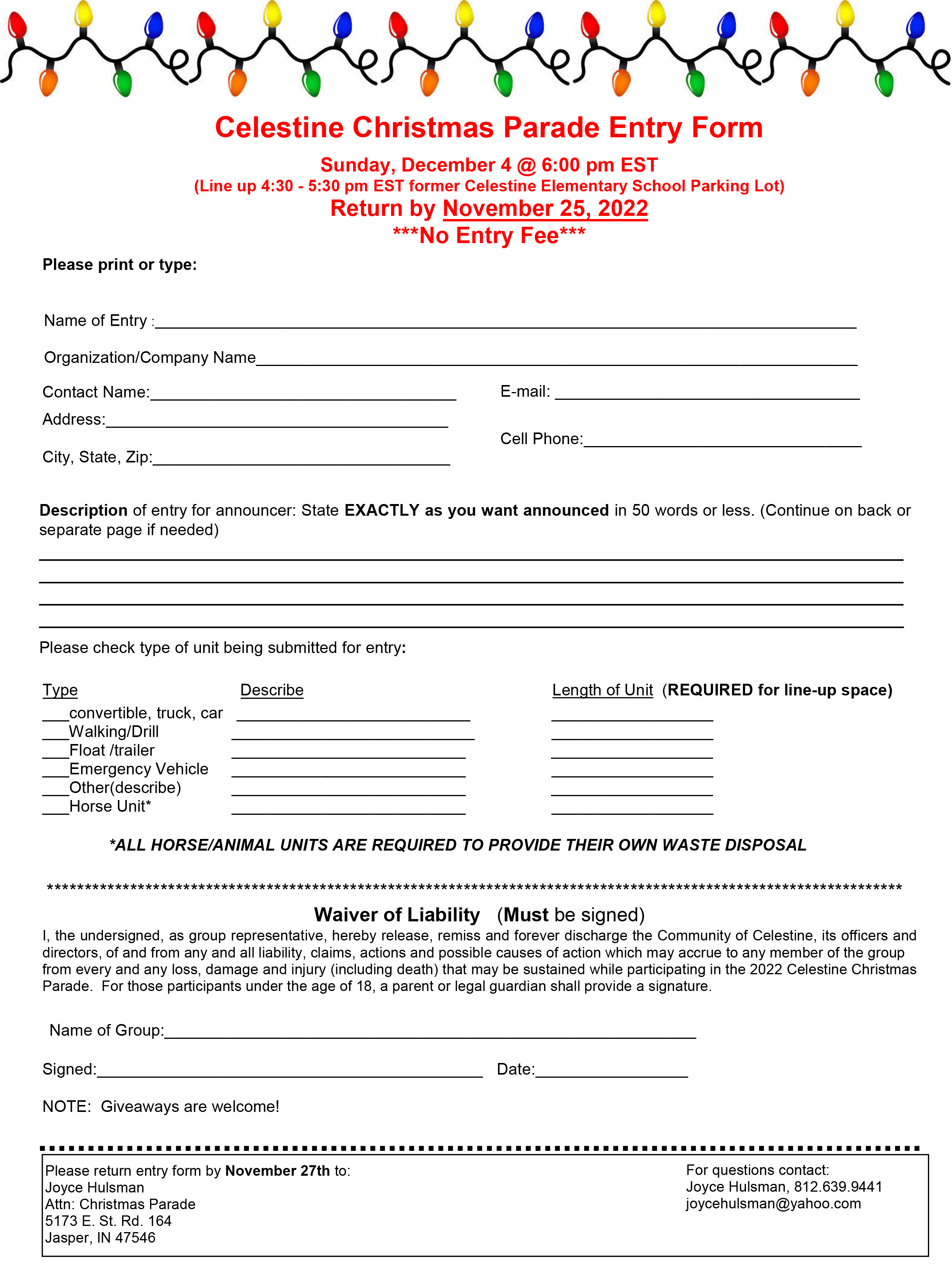 Square Entry Form Christmas In Celestine 2022 - Parade Entry Form — Celestine Indiana
