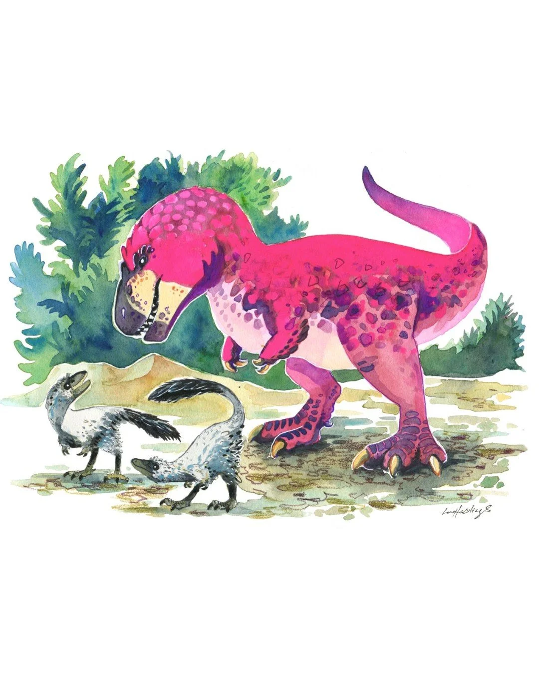 This recent commission painting seems like a good one to share on Easter.  The client requested a Flamingo-colored Tyrannosaur guarding its young offspring in a moment of playfulness. While most likely not the most scientific rendering, I enjoyed pla