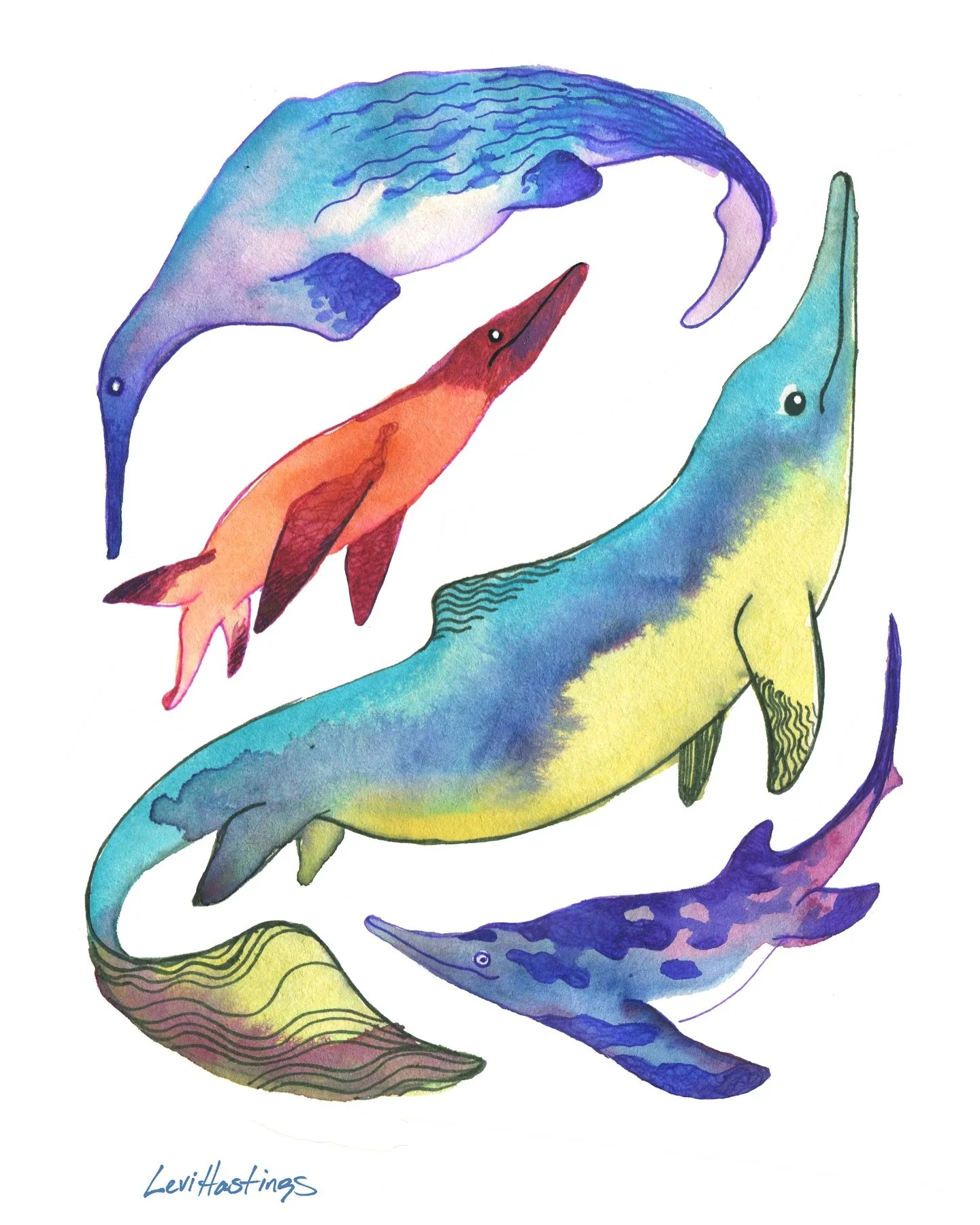 What&rsquo;s your favorite prehistoric sea creature? 
I painted this pod of Mesozoic sea reptiles while doing some research for a book proposal, and really loved how it turned out. The striking similarities between Ichthyosaurs and whales is a great 