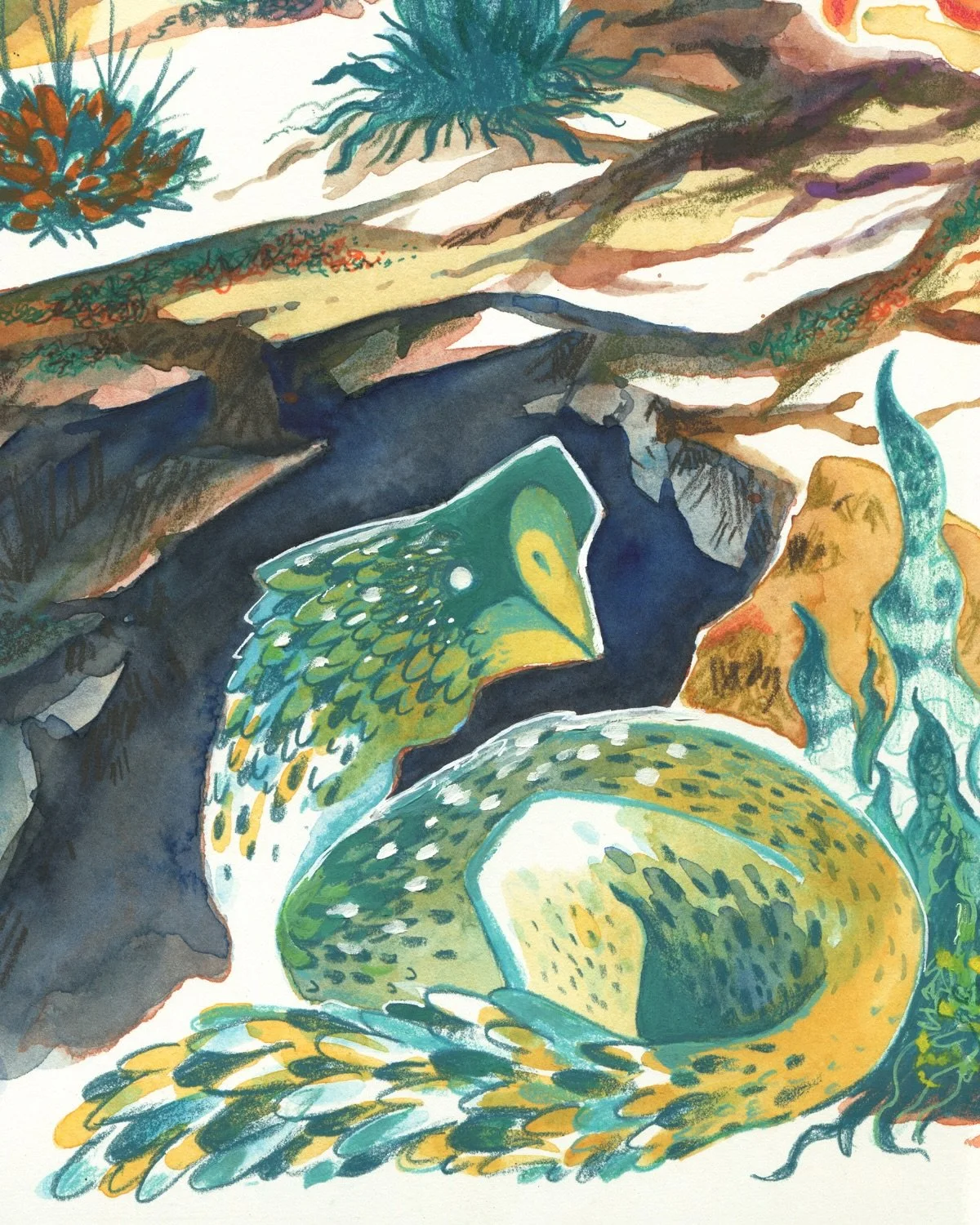 Seeking safety and comfort in the shade of a rocky outcrop as a silent hunter stalks the late evening desert. The Oviraptor will wait until the safety of full darkness before seeking out the rest of her flock.

This painting evolved from a warmup ske