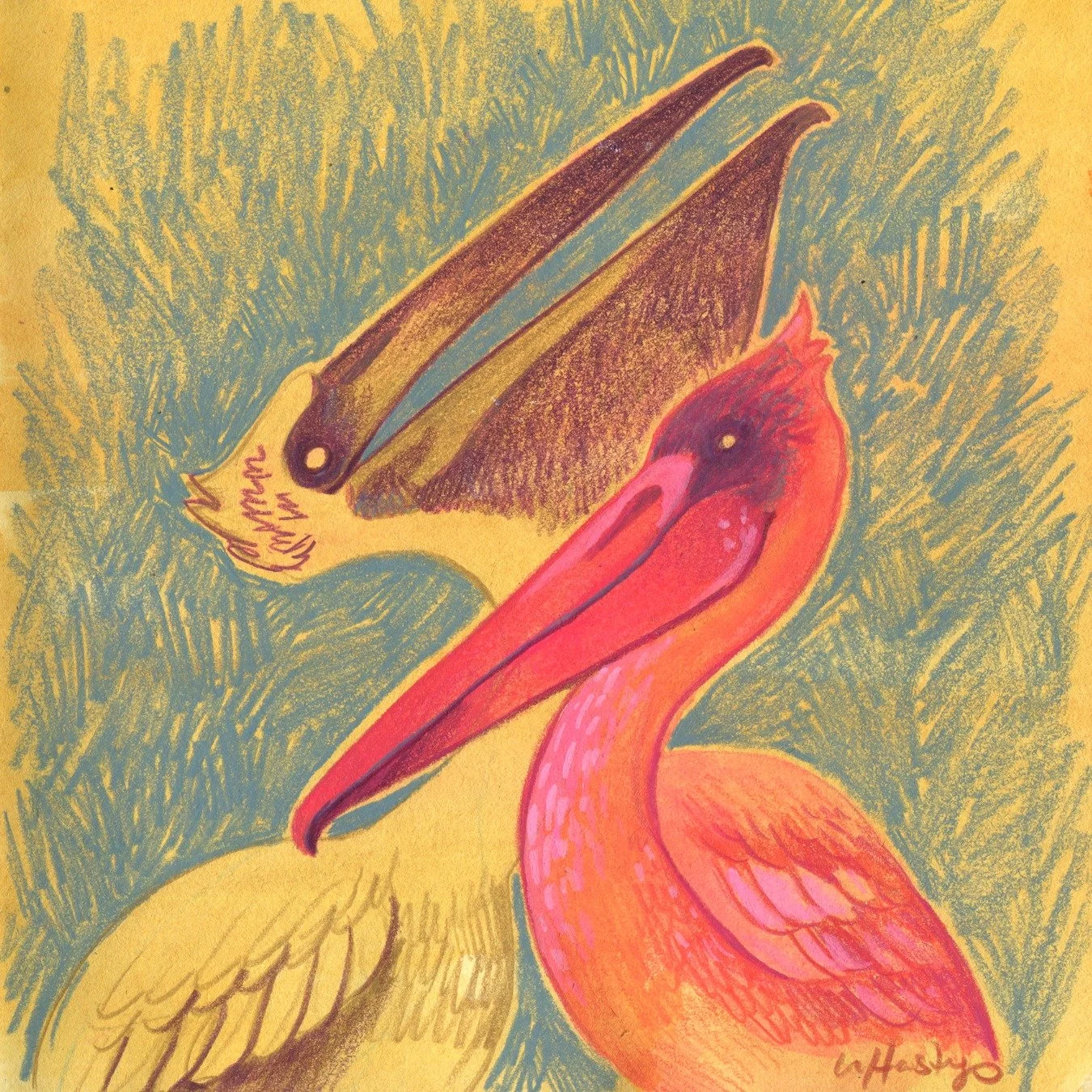 A pair of pelicans plot to push a pernicious pest off the pier.