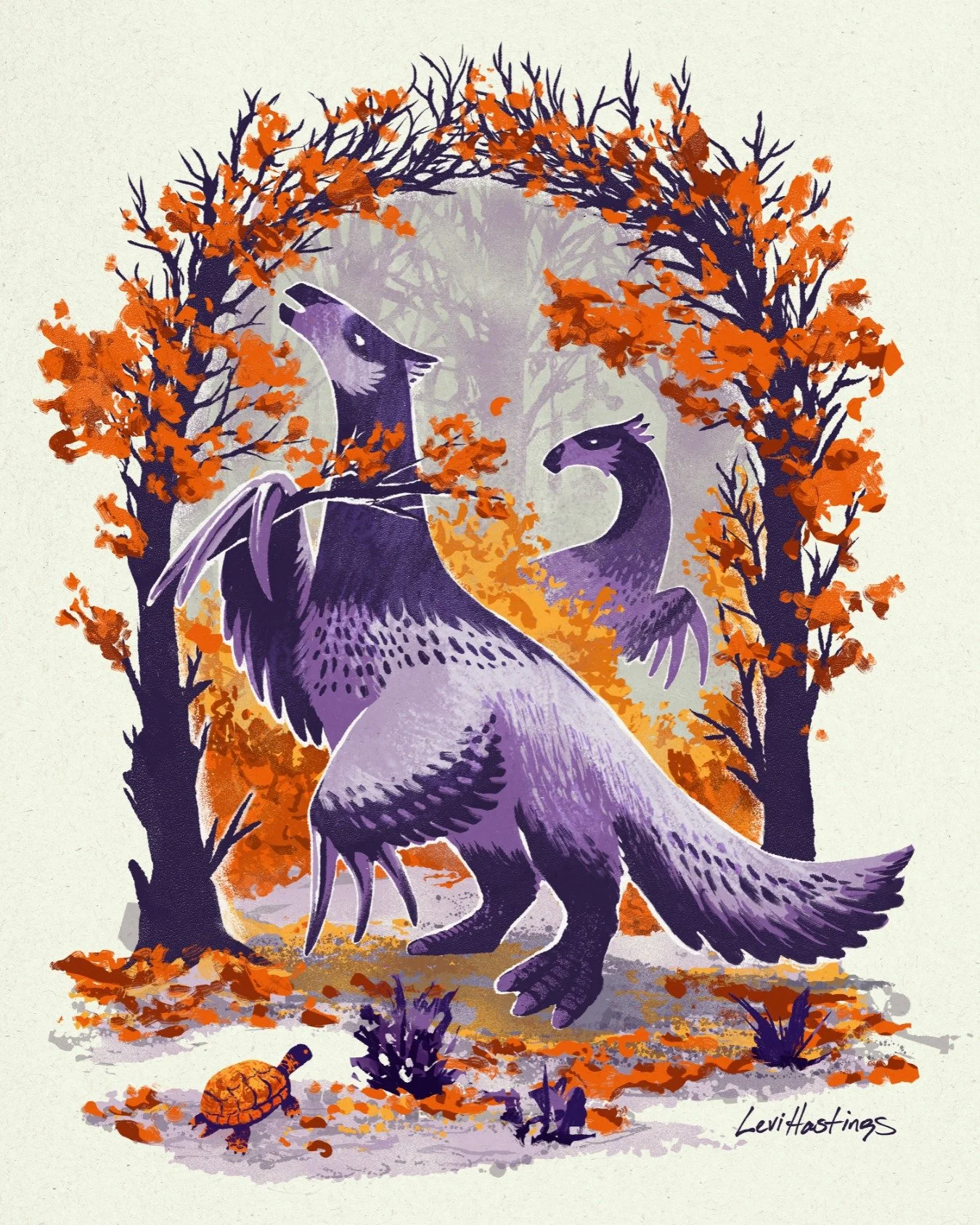 The last leaves of autumn glow even brighter to a hungry pair of Therizinosaurus, bulking up for a long winter. These strange dinosaurs are some of my favorites, and though they're  slow movers, they made it just in time to be included in my new cale