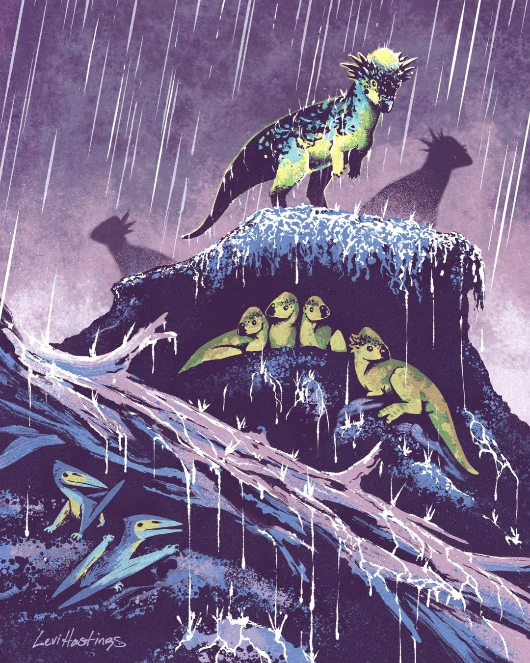 If you're cold, they're cold. Bring them inside!

A cluster of juvenile Pachycephalosaurs shelter from an early spring downpour as the adult members of the clan stand watch against roaming predators. A pair of small pterosaurs attempt to stay dry ben