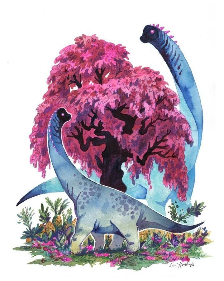 January is nobody's favorite month, which is why I selected these stylish sauropods as the first entry in my 2026 calendar. Initially created as a commissioned painting for a local client the previous holiday season,  this piece quickly became a favo